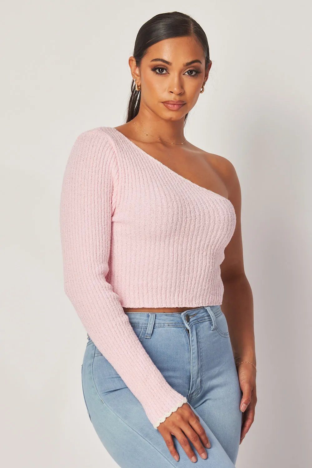 Madison One Shoulder Long Sleeve Knit Crop Top