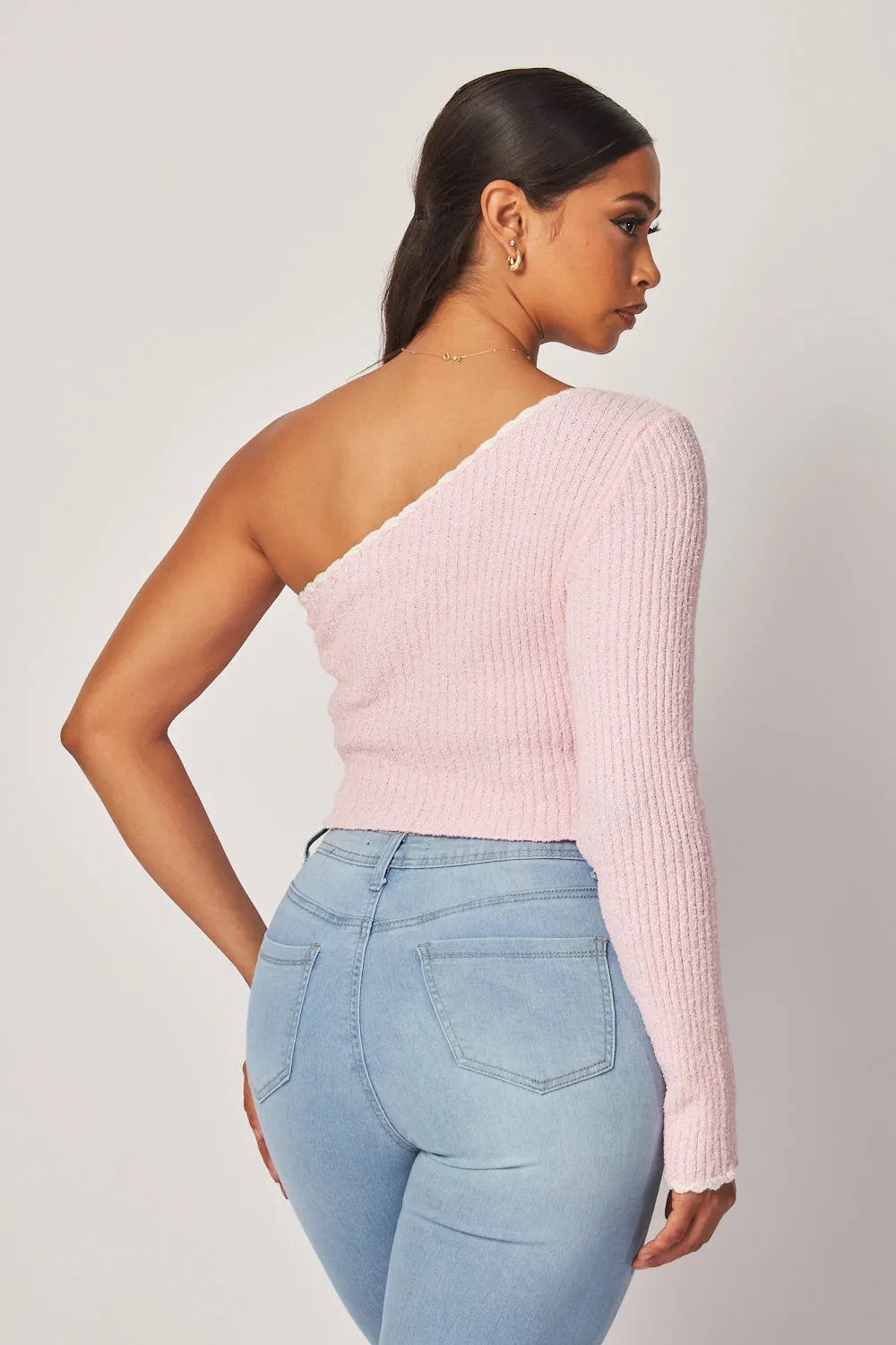 Madison One Shoulder Long Sleeve Knit Crop Top
