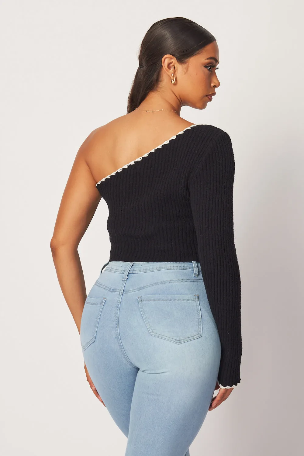 Madison One Shoulder Long Sleeve Knit Crop Top