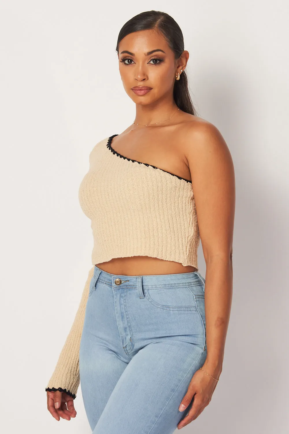 Madison One Shoulder Long Sleeve Knit Crop Top