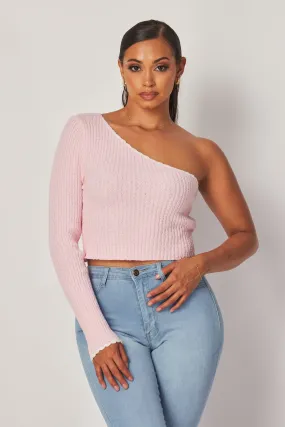 Madison One Shoulder Long Sleeve Knit Crop Top