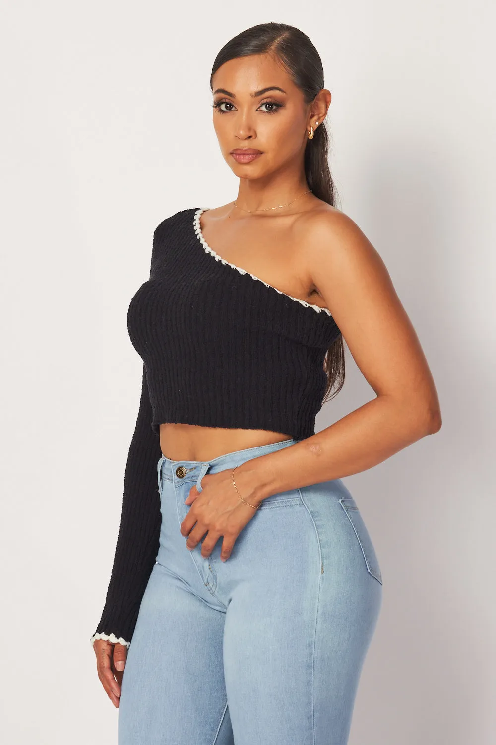 Madison One Shoulder Long Sleeve Knit Crop Top