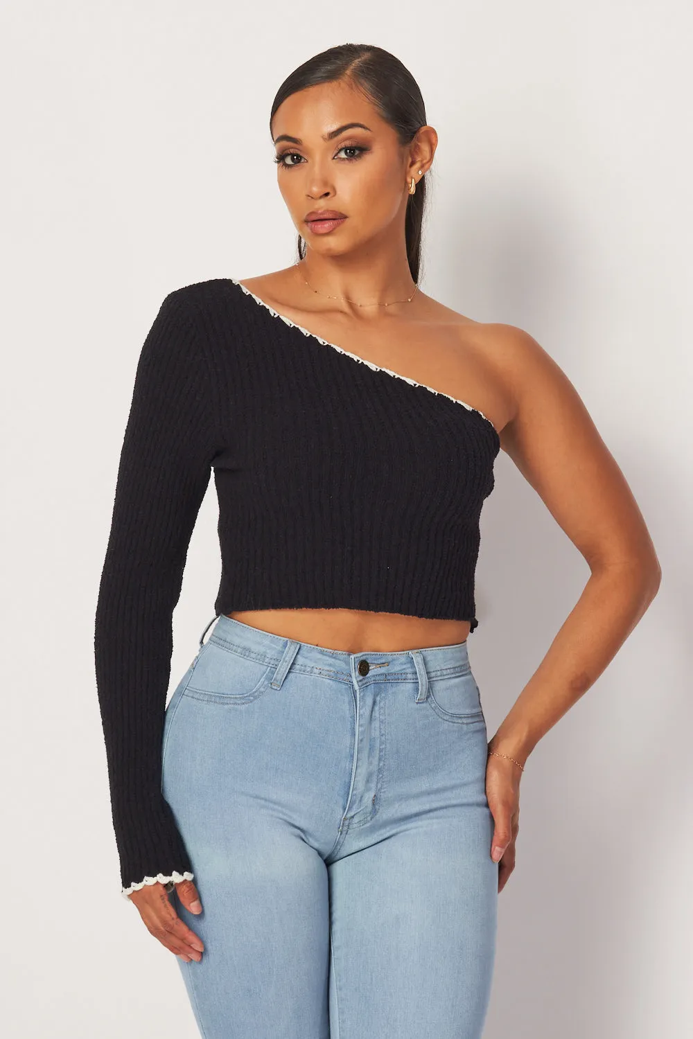 Madison One Shoulder Long Sleeve Knit Crop Top