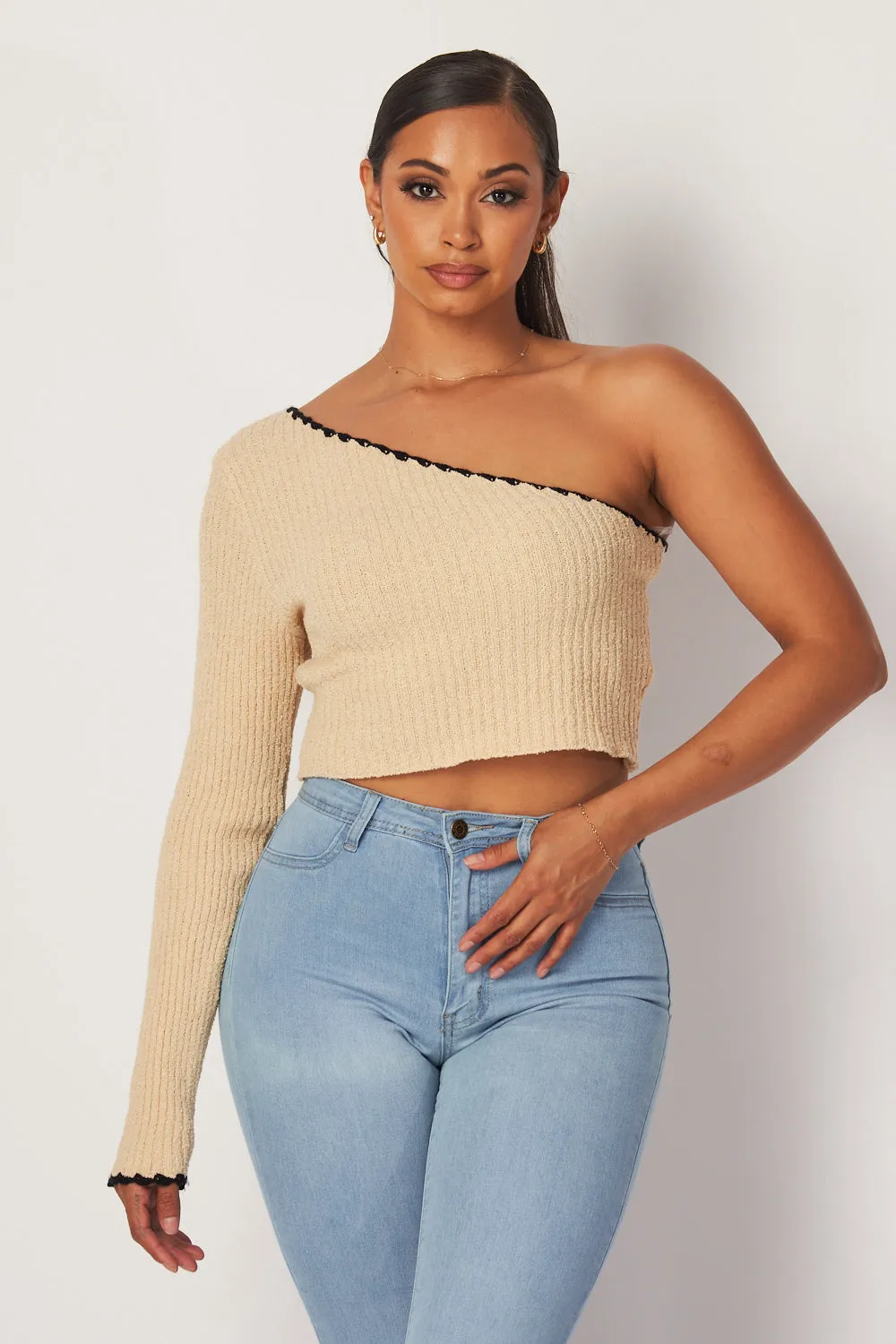 Madison One Shoulder Long Sleeve Knit Crop Top