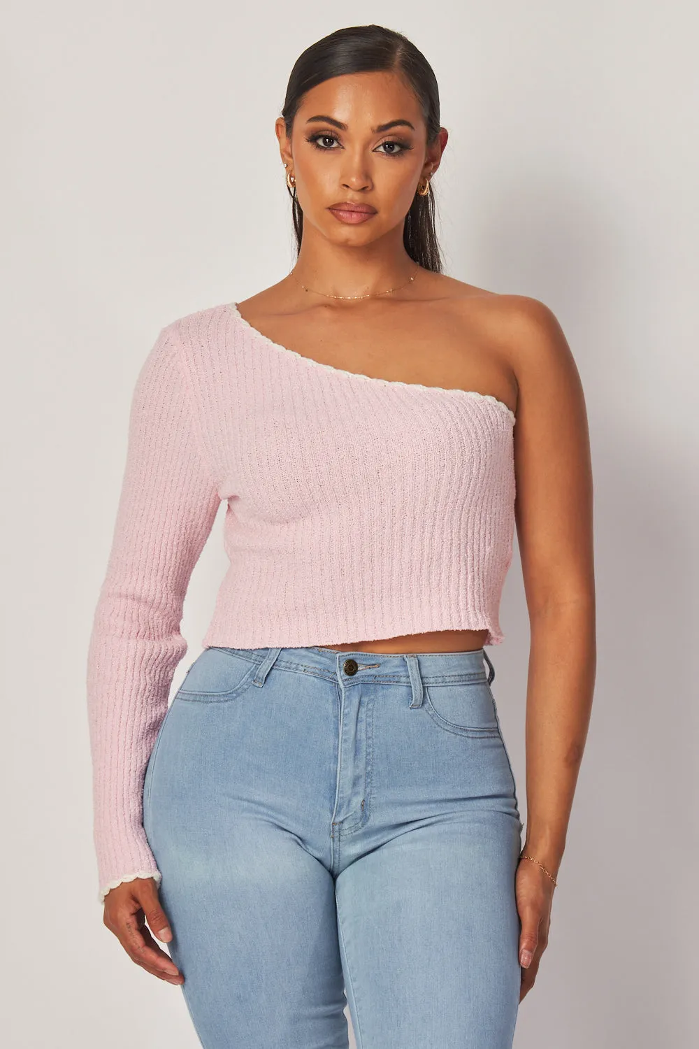 Madison One Shoulder Long Sleeve Knit Crop Top