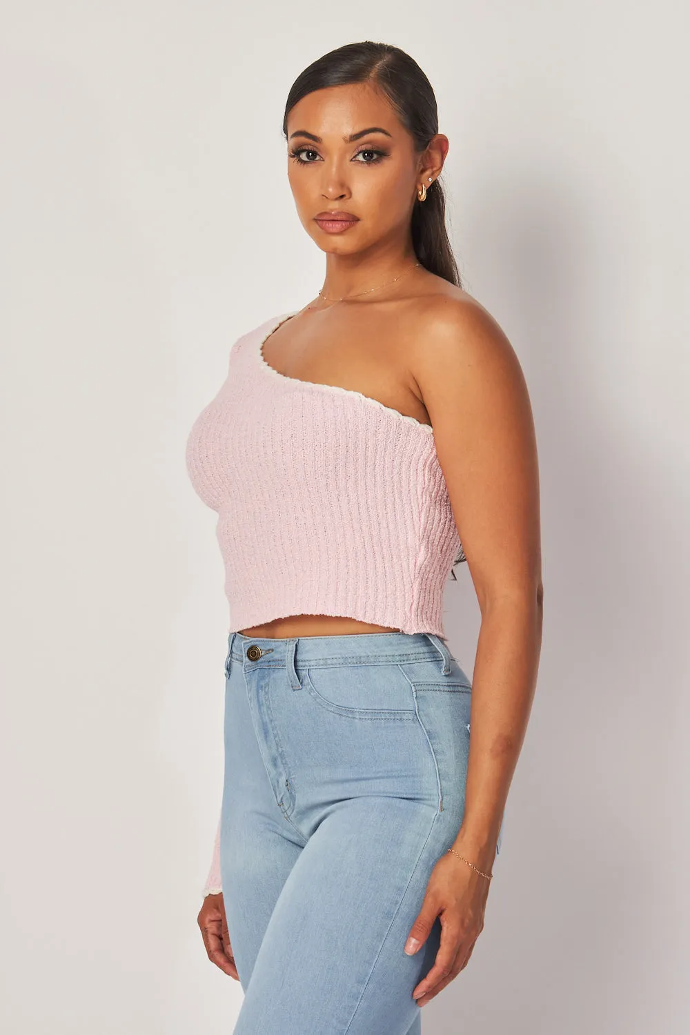 Madison One Shoulder Long Sleeve Knit Crop Top