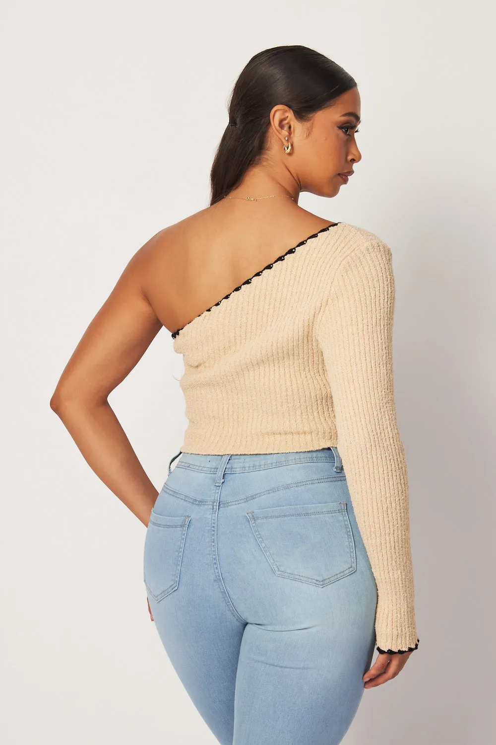 Madison One Shoulder Long Sleeve Knit Crop Top
