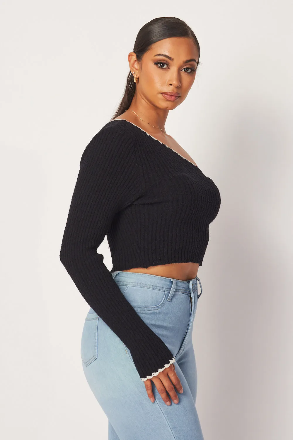 Madison One Shoulder Long Sleeve Knit Crop Top