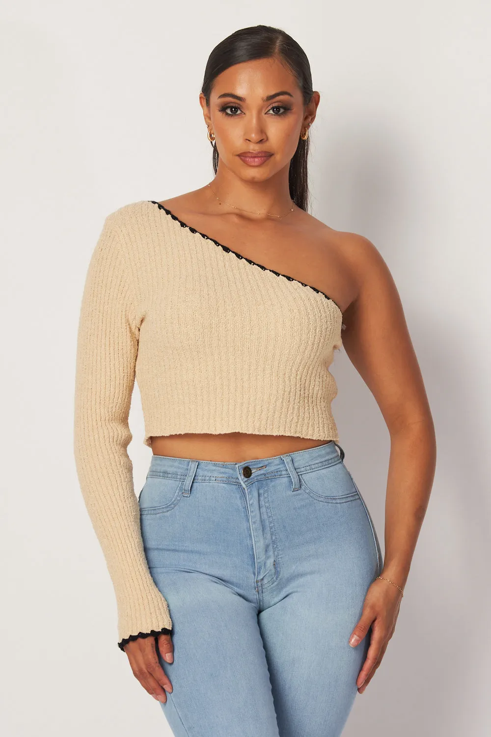 Madison One Shoulder Long Sleeve Knit Crop Top