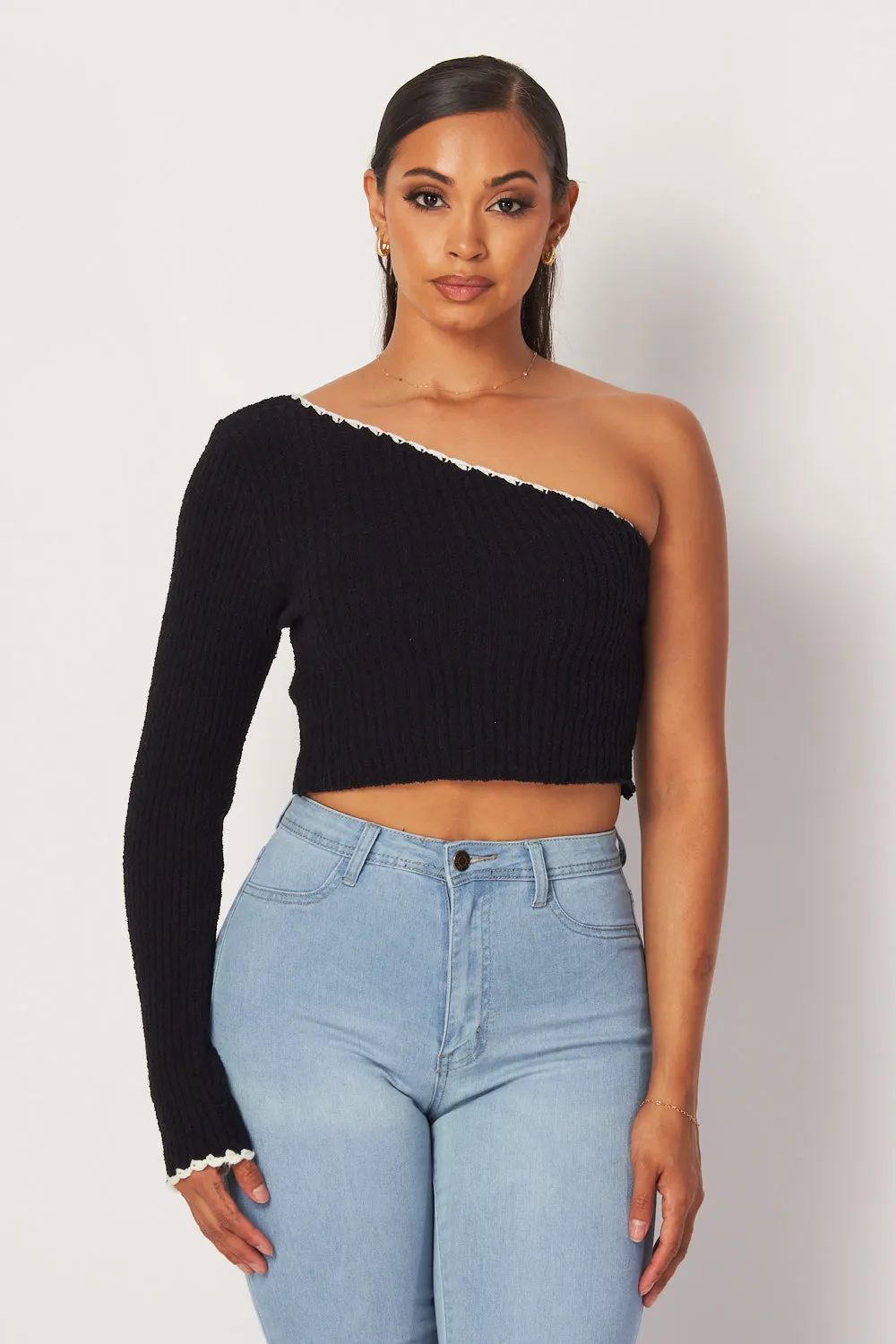 Madison One Shoulder Long Sleeve Knit Crop Top