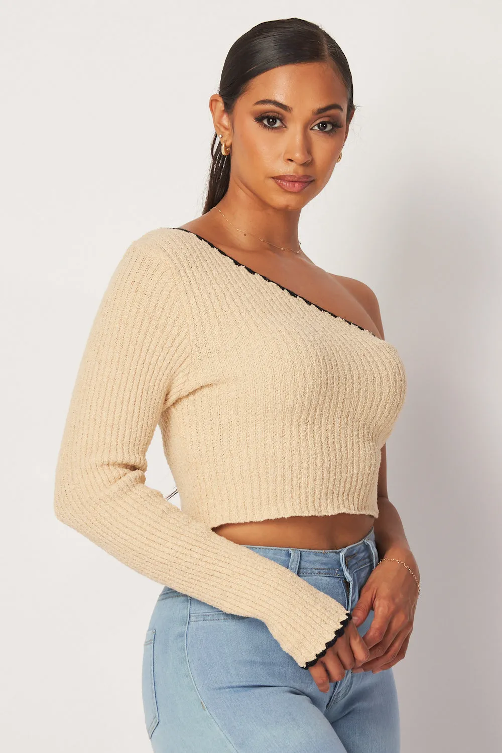 Madison One Shoulder Long Sleeve Knit Crop Top
