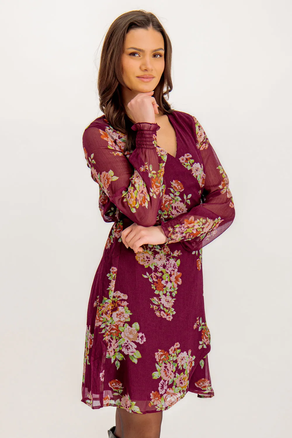 Marya Wine Floral Print Short Wrap Dress