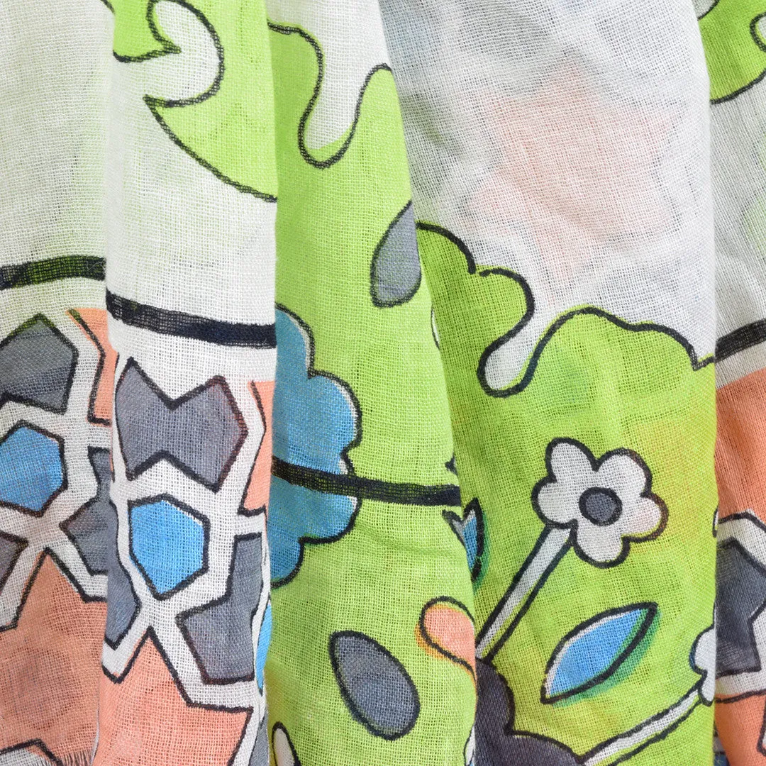 One Hundred Stars Geometric Print. Lime Green & Peach Scarf.