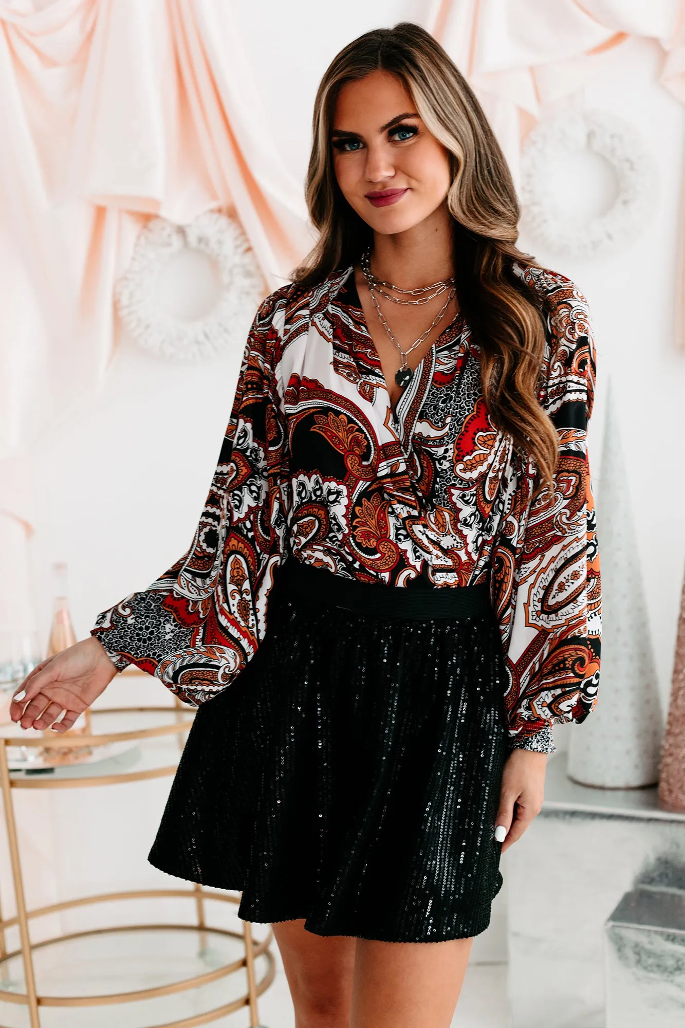 Perfectly Paisley Surplice Paisley Bodysuit (Black)