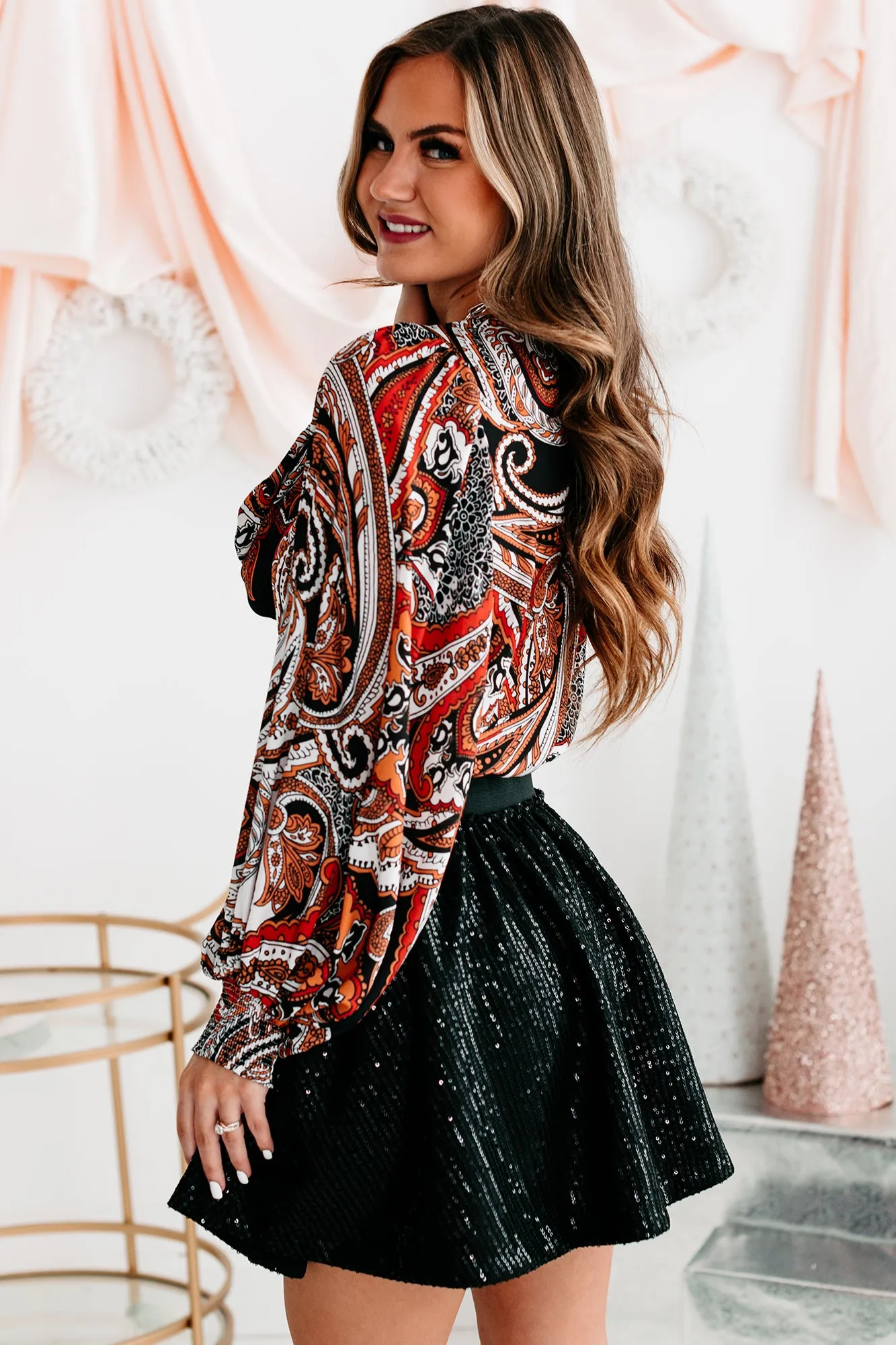 Perfectly Paisley Surplice Paisley Bodysuit (Black)