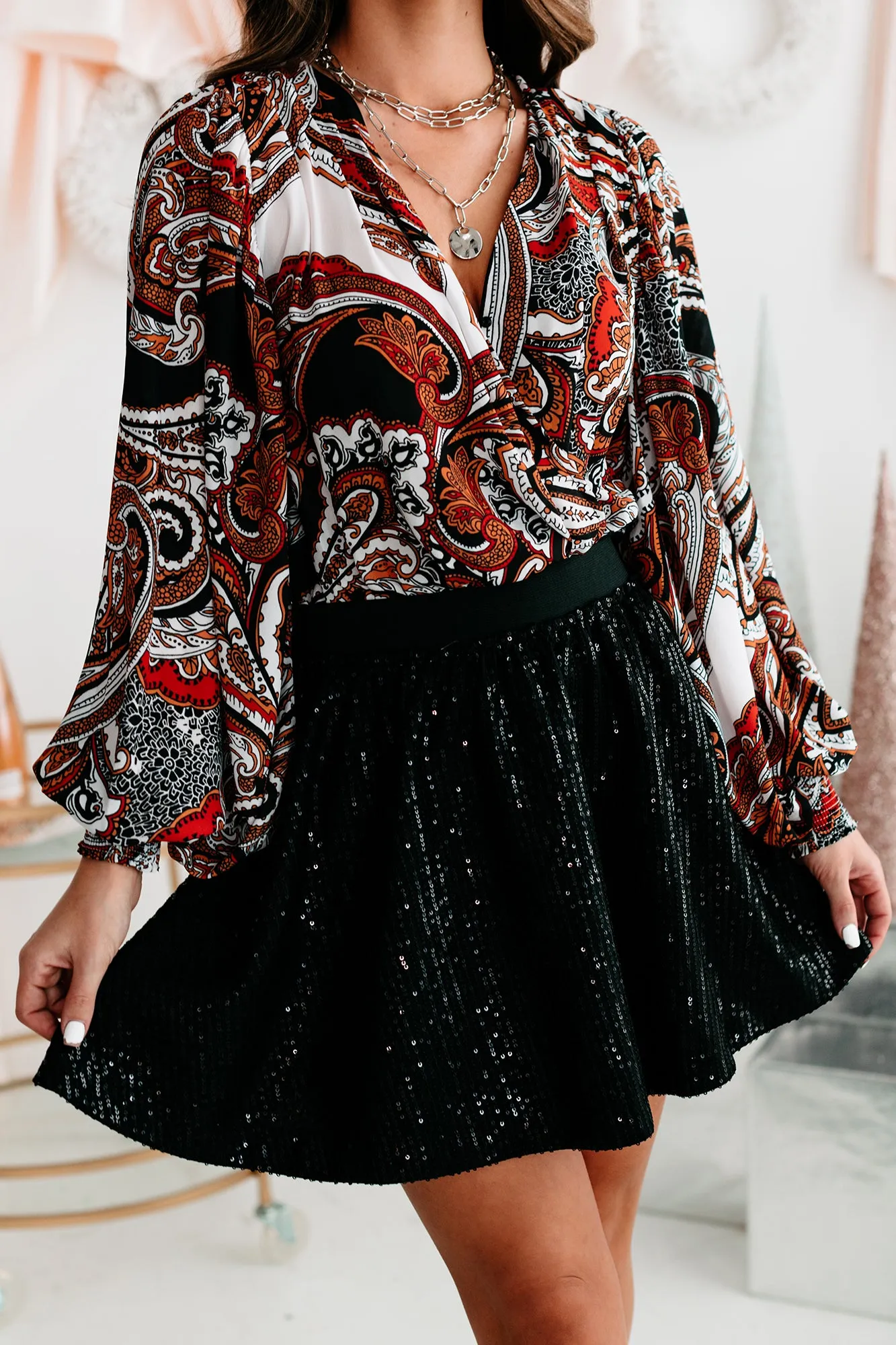 Perfectly Paisley Surplice Paisley Bodysuit (Black)