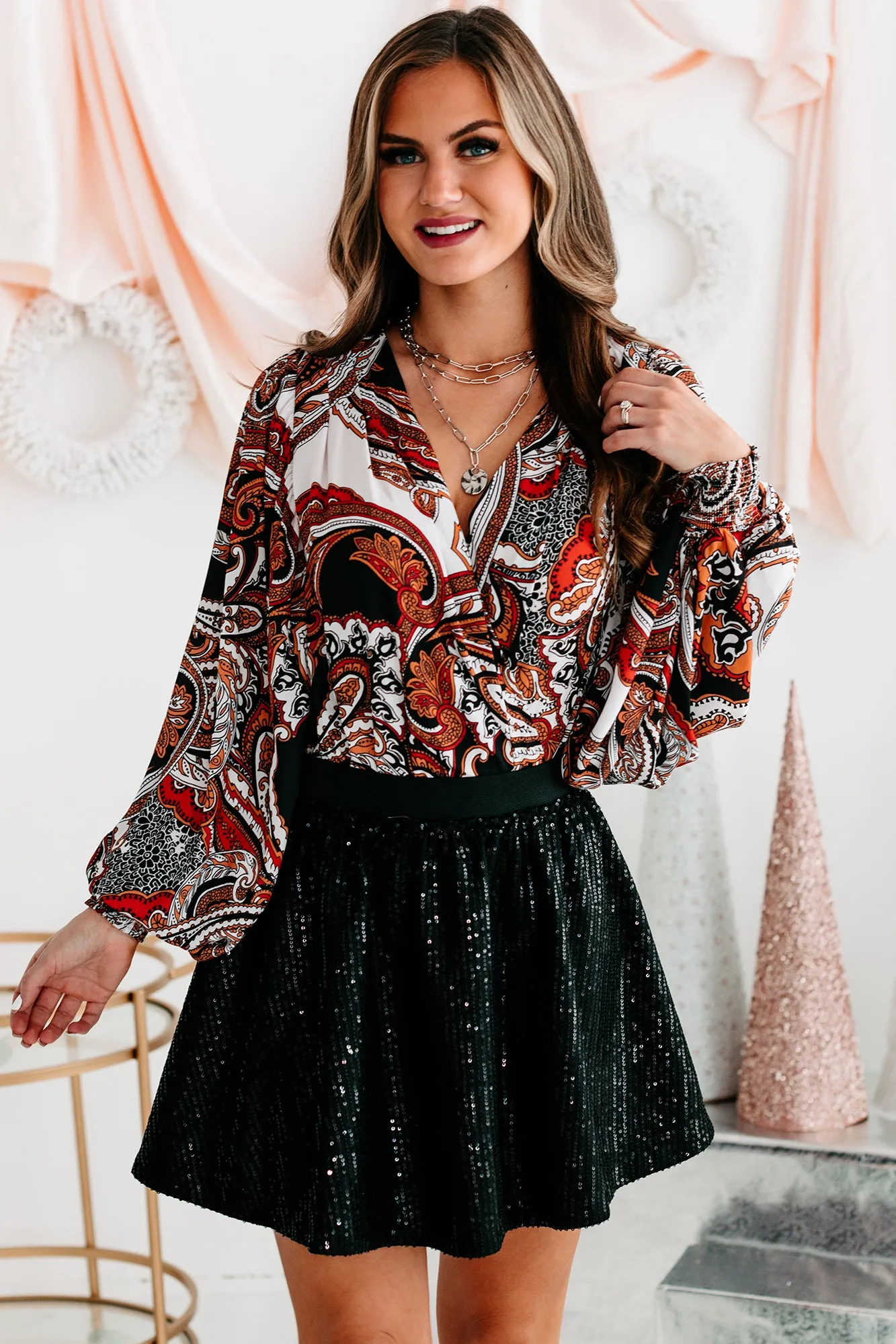 Perfectly Paisley Surplice Paisley Bodysuit (Black)