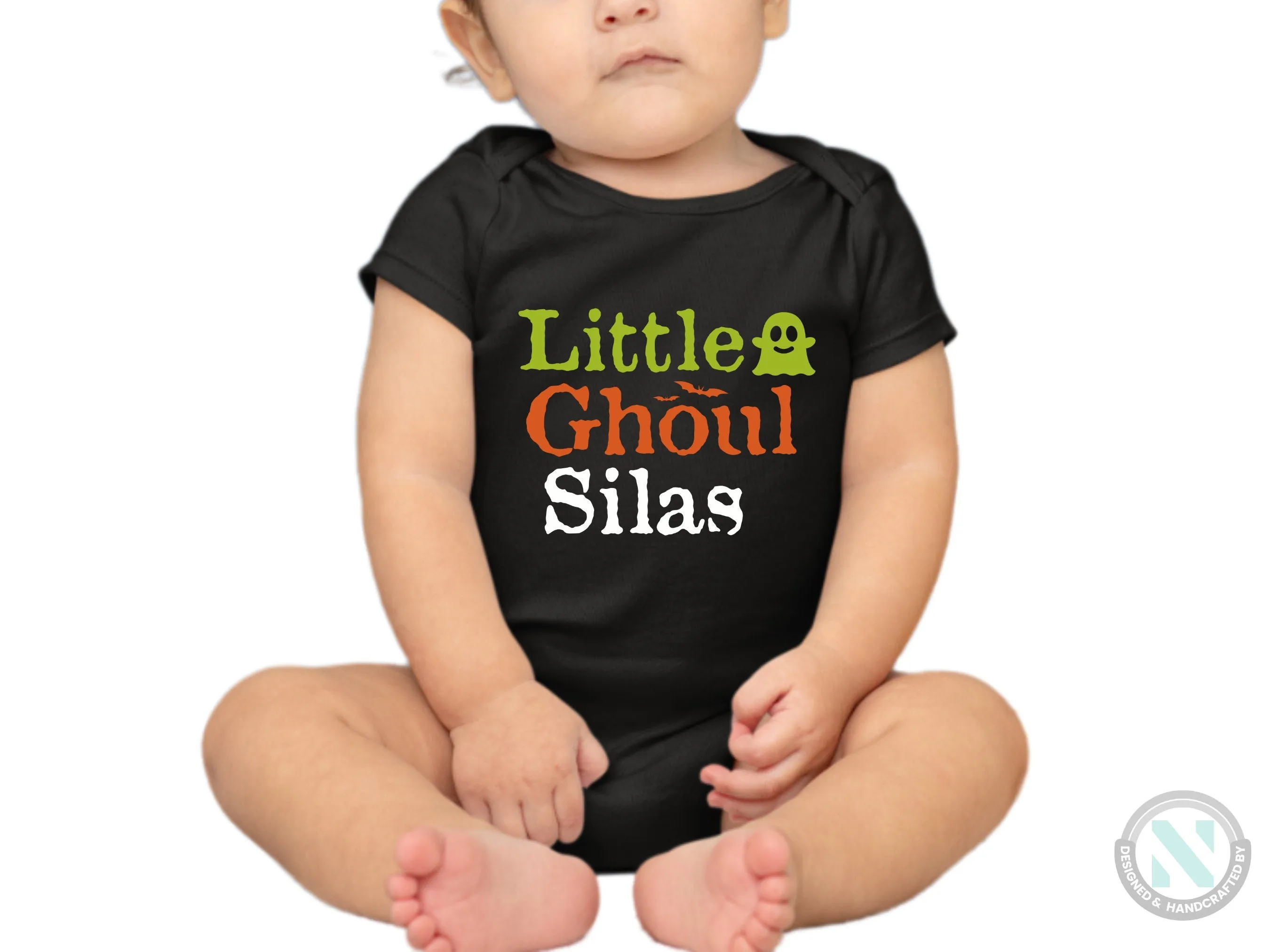 Personalize Name Halloween Baby Bodysuit Gift for Boys with “Little Ghoul”