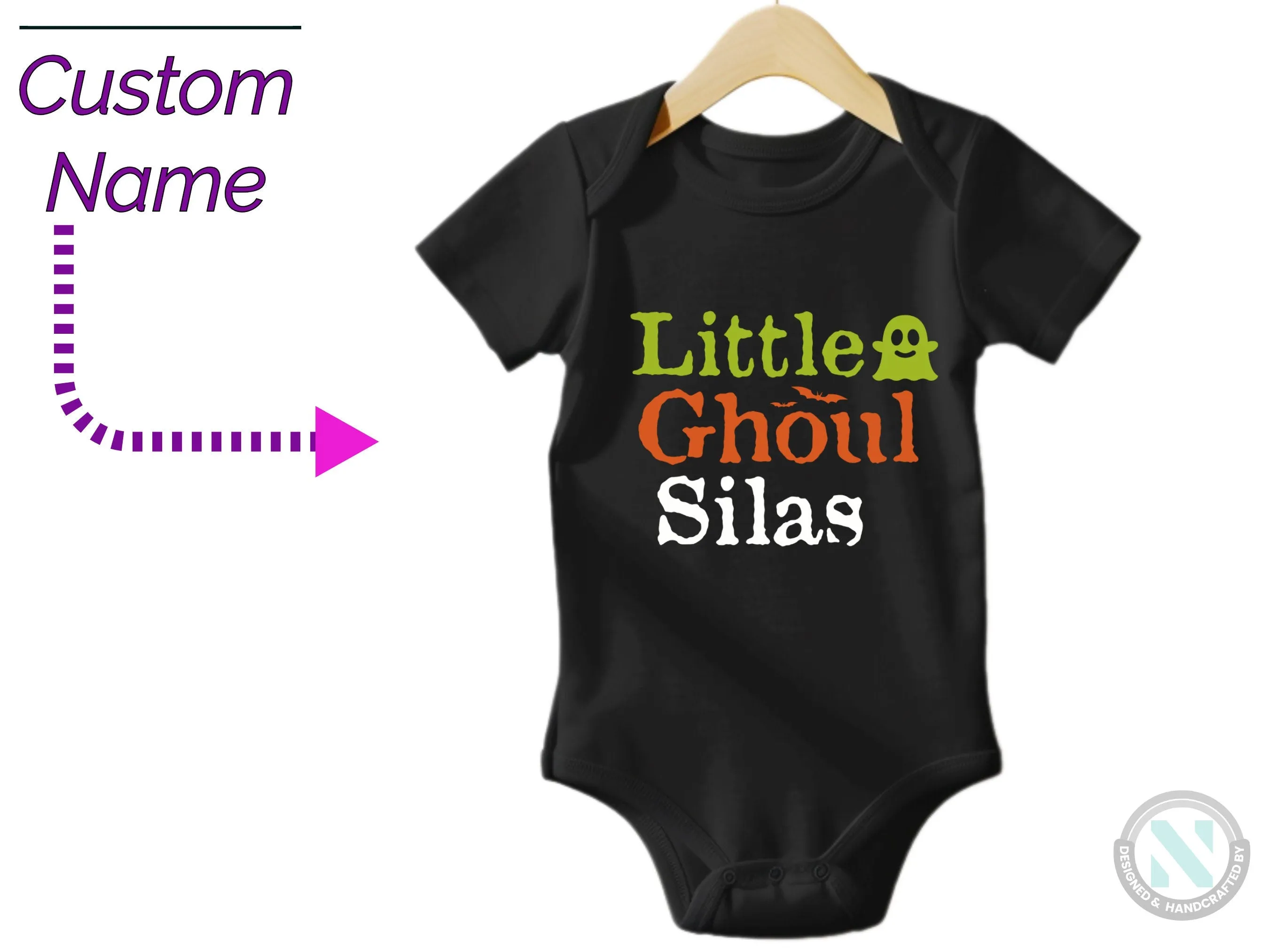 Personalize Name Halloween Baby Bodysuit Gift for Boys with “Little Ghoul”