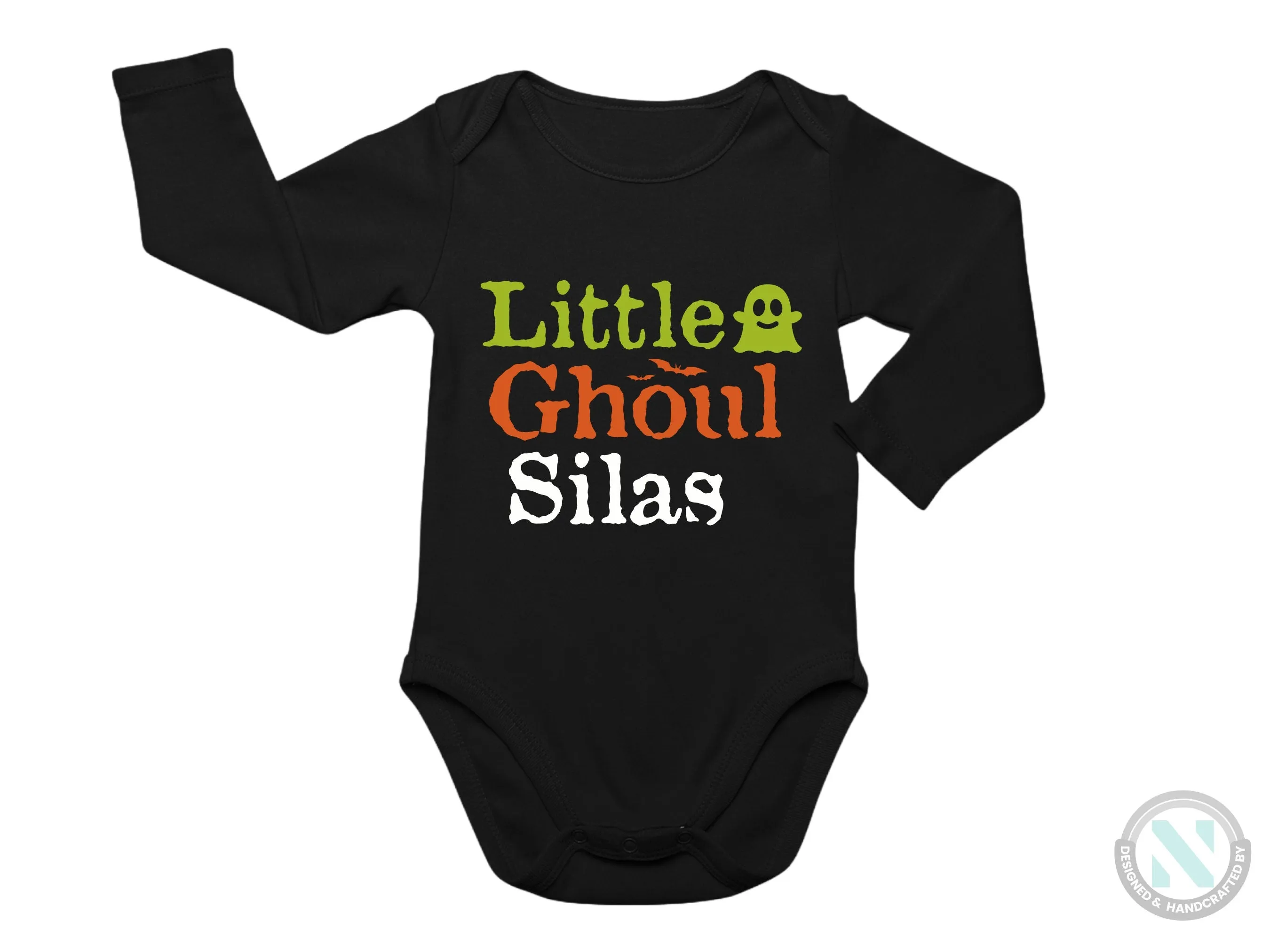 Personalize Name Halloween Baby Bodysuit Gift for Boys with “Little Ghoul”