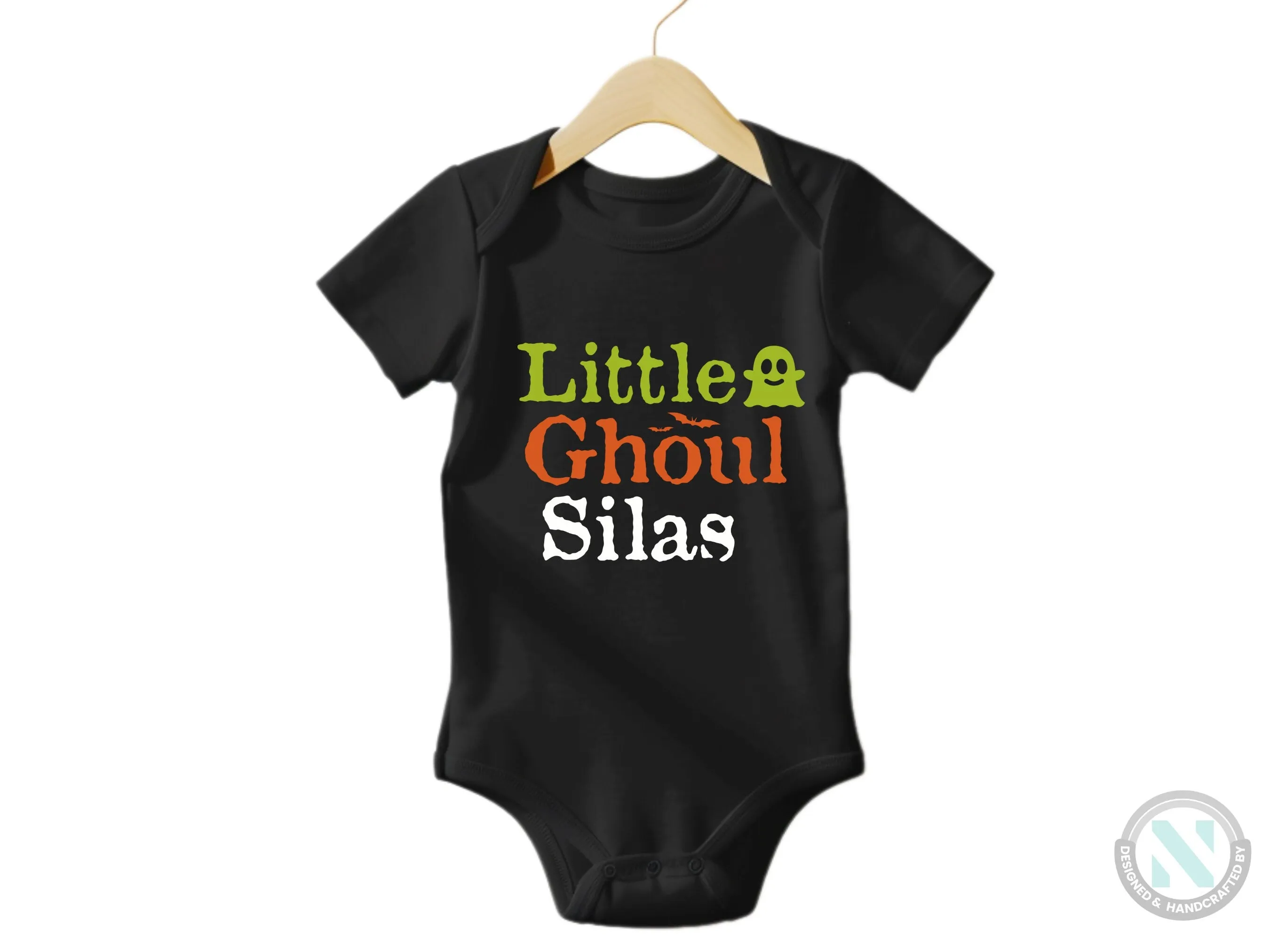 Personalize Name Halloween Baby Bodysuit Gift for Boys with “Little Ghoul”