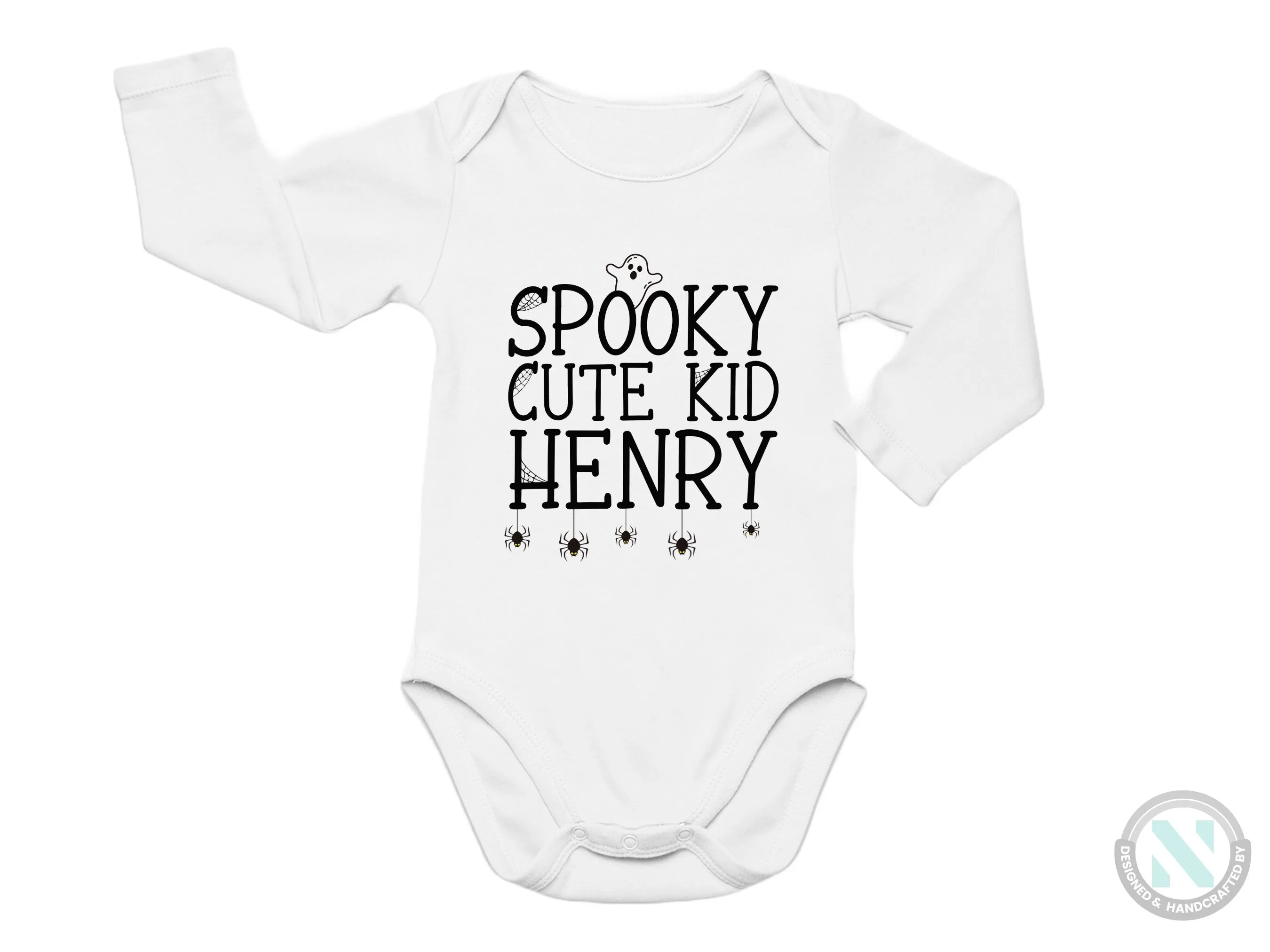 Personalize Name Halloween Baby Grow Gift for Boys with “Spooky Cute Kid”