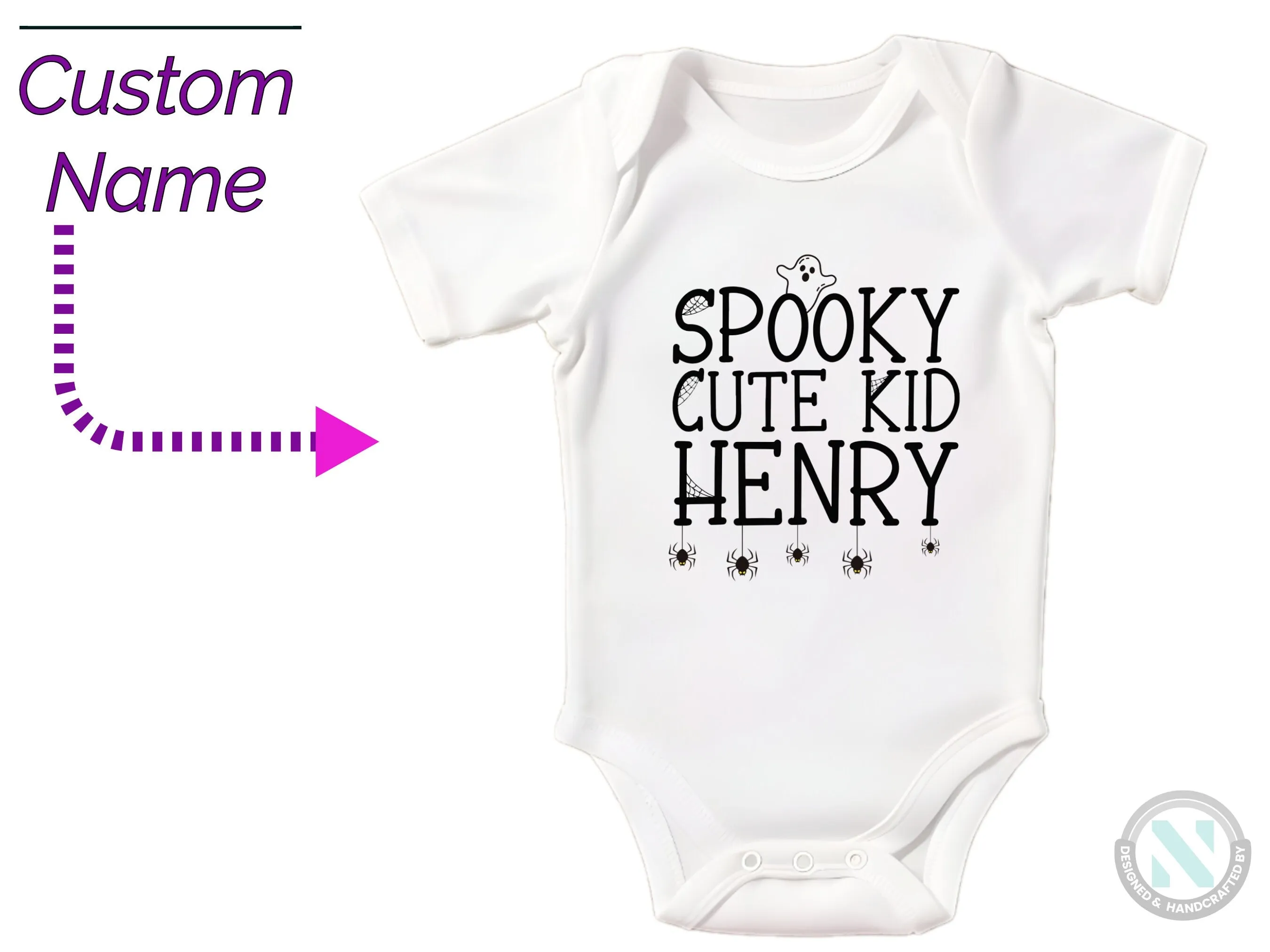 Personalize Name Halloween Baby Grow Gift for Boys with “Spooky Cute Kid”