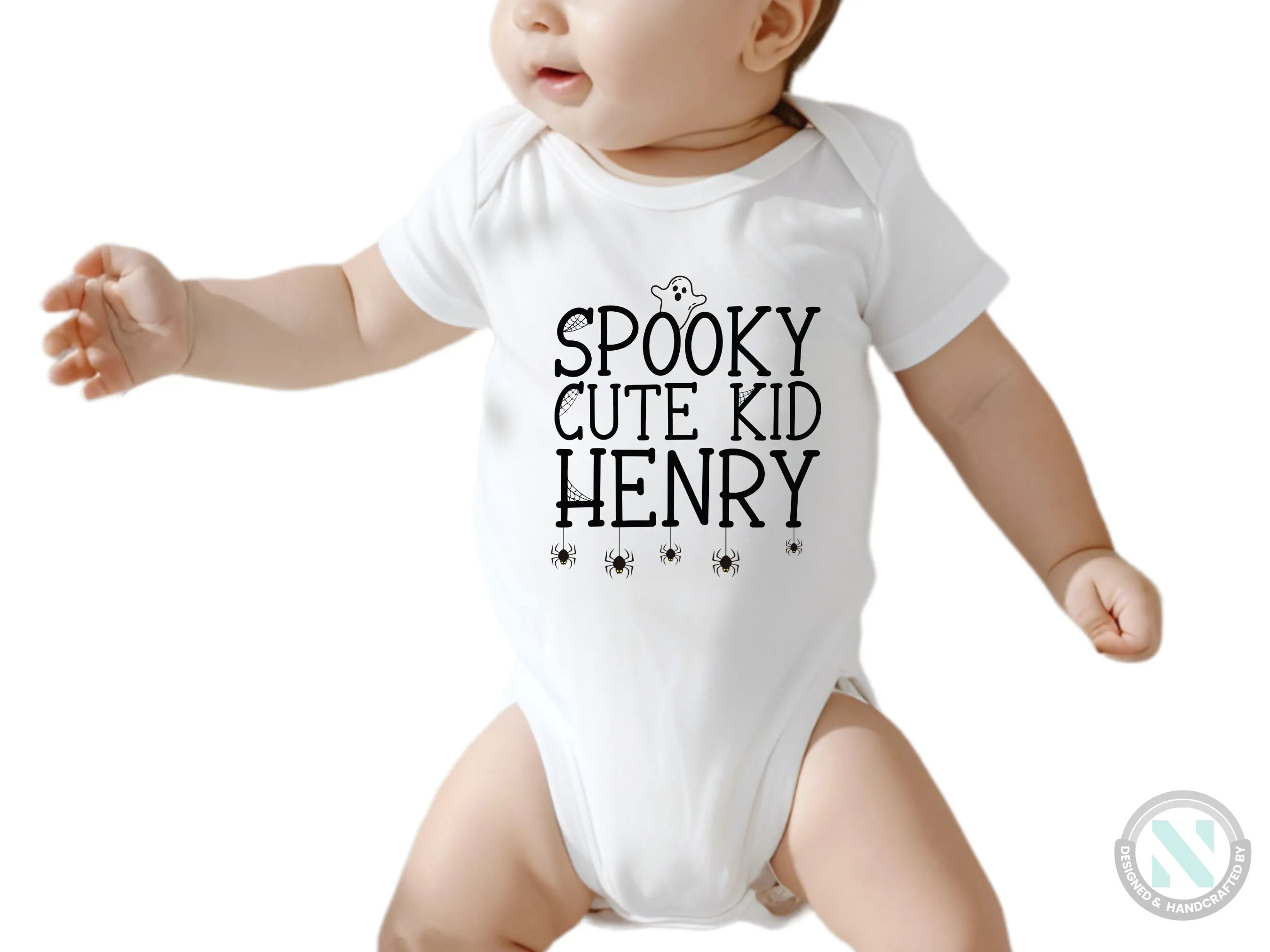 Personalize Name Halloween Baby Grow Gift for Boys with “Spooky Cute Kid”