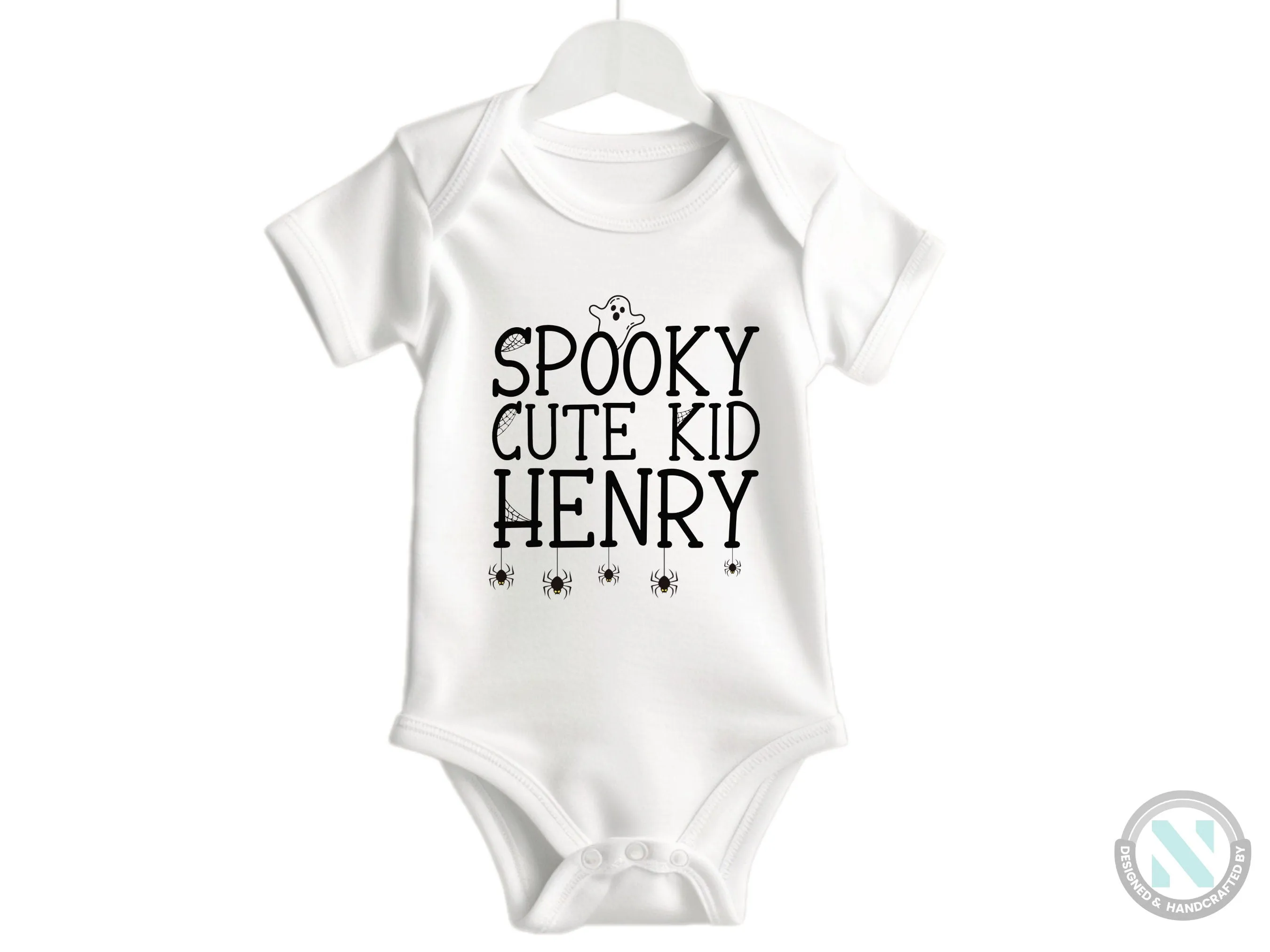 Personalize Name Halloween Baby Grow Gift for Boys with “Spooky Cute Kid”