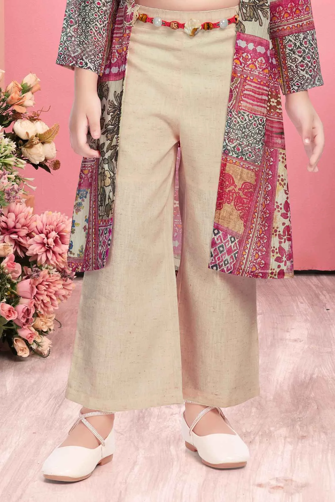 Pink Printed Top With Overcoat And Bottom For Girls