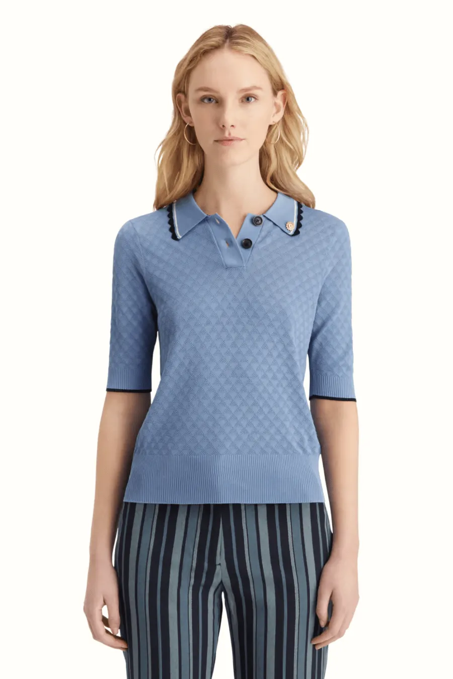 Pointelle Collared Knit Top