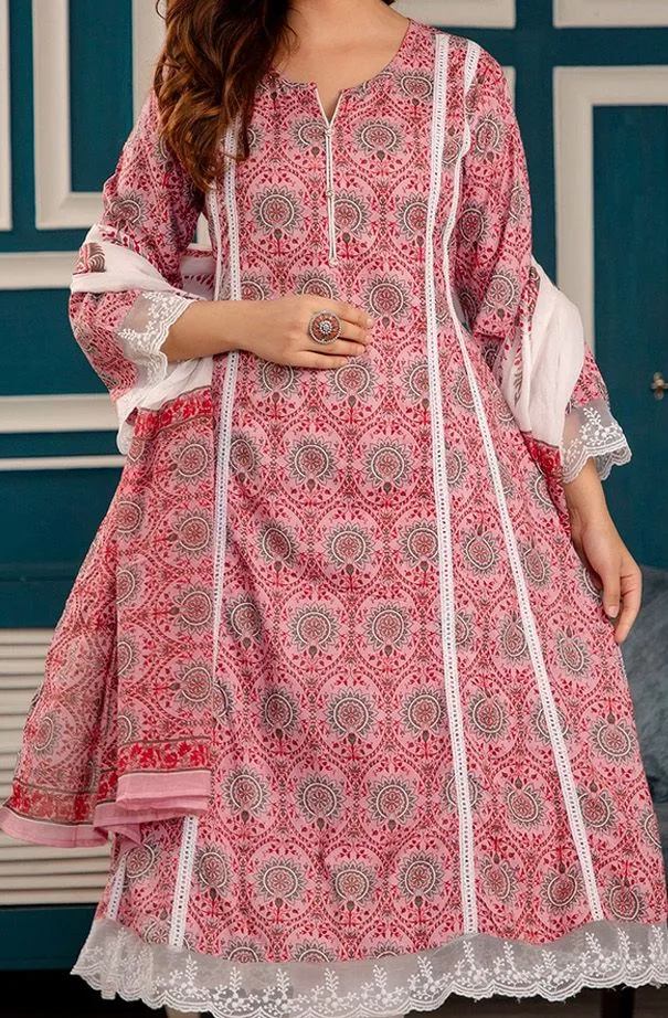 Printed Regular Pure Cotton Kurta & Trousers With Dupatta