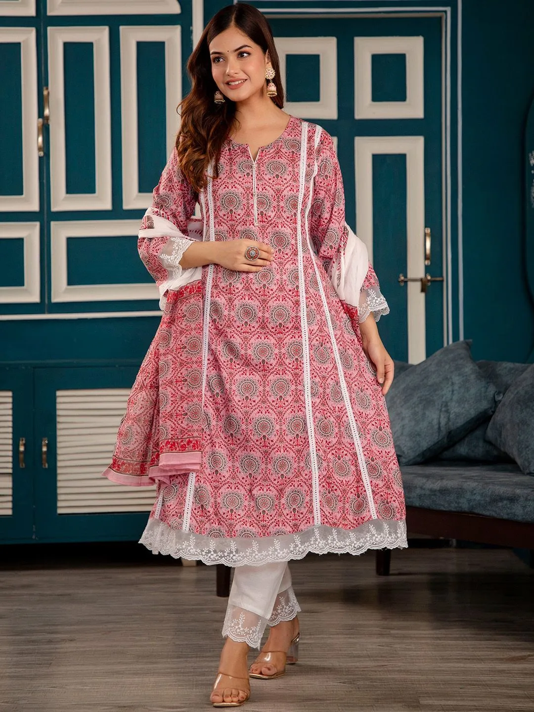 Printed Regular Pure Cotton Kurta & Trousers With Dupatta