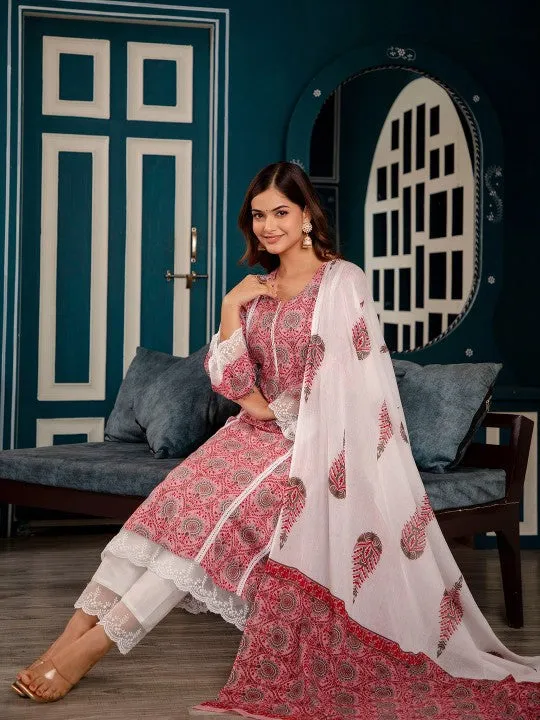 Printed Regular Pure Cotton Kurta & Trousers With Dupatta