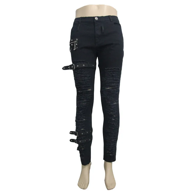 PT040 daily life wear men metallic punk broken holes trousers with loops
