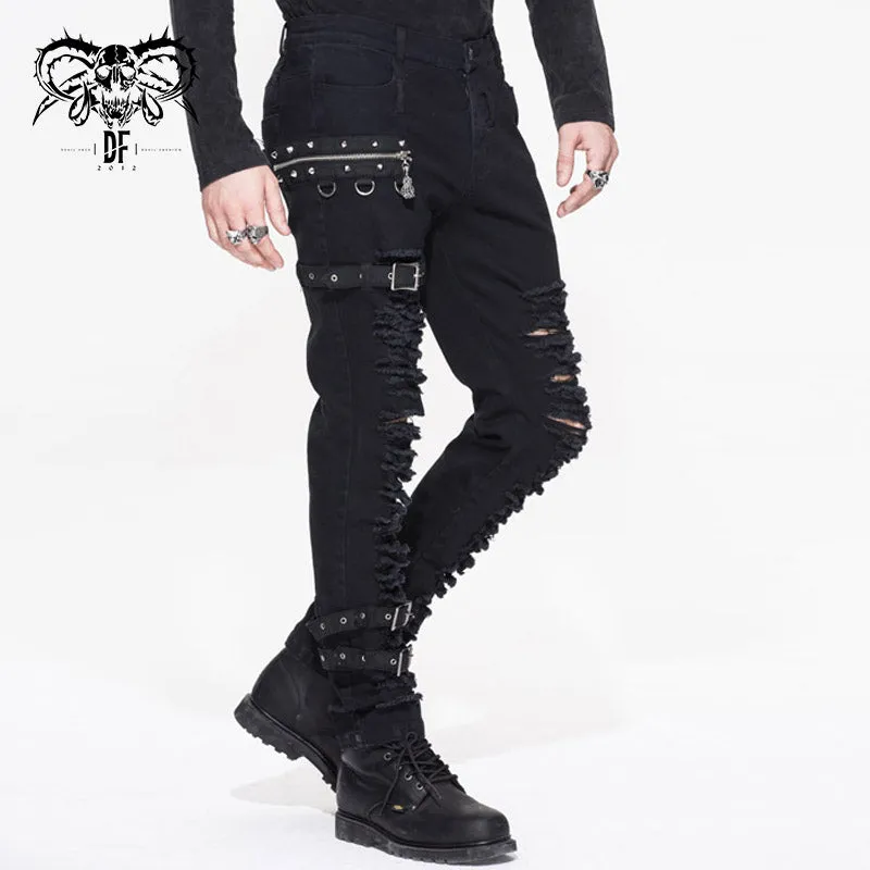 PT040 daily life wear men metallic punk broken holes trousers with loops