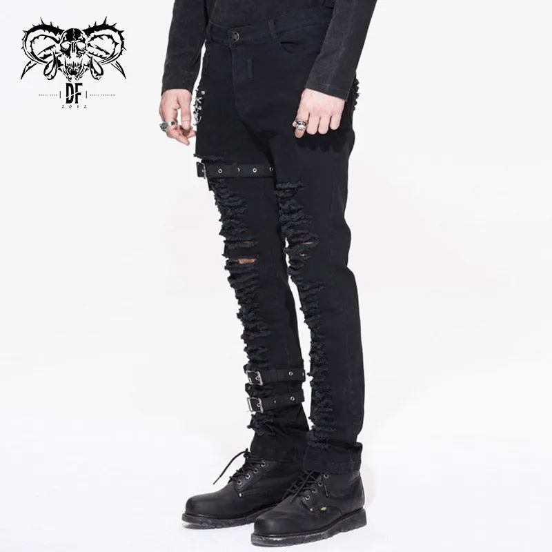 PT040 daily life wear men metallic punk broken holes trousers with loops
