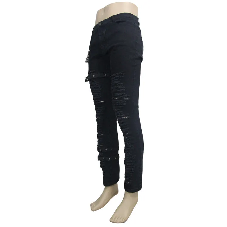 PT040 daily life wear men metallic punk broken holes trousers with loops