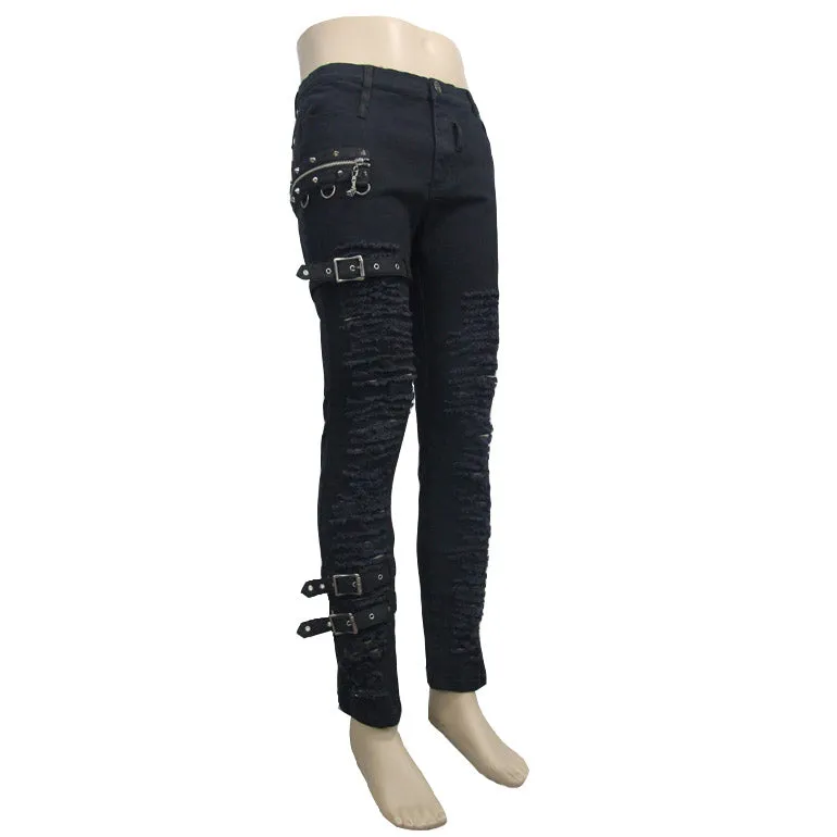 PT040 daily life wear men metallic punk broken holes trousers with loops