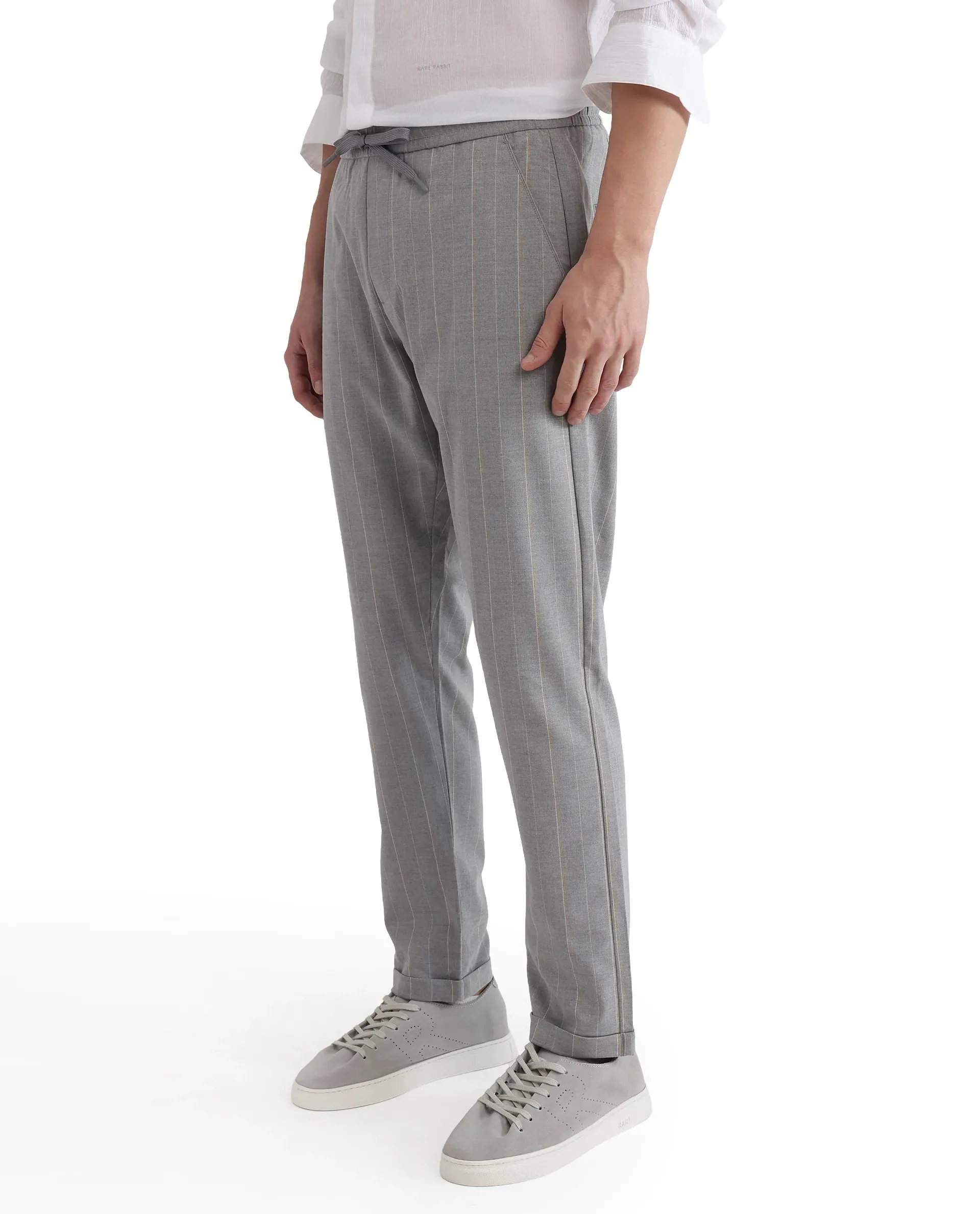 Rare Rabbit Men Evita Grey Cotton Blend Fabric Drawstring & Button Closure Regular Fit Striped Trouser