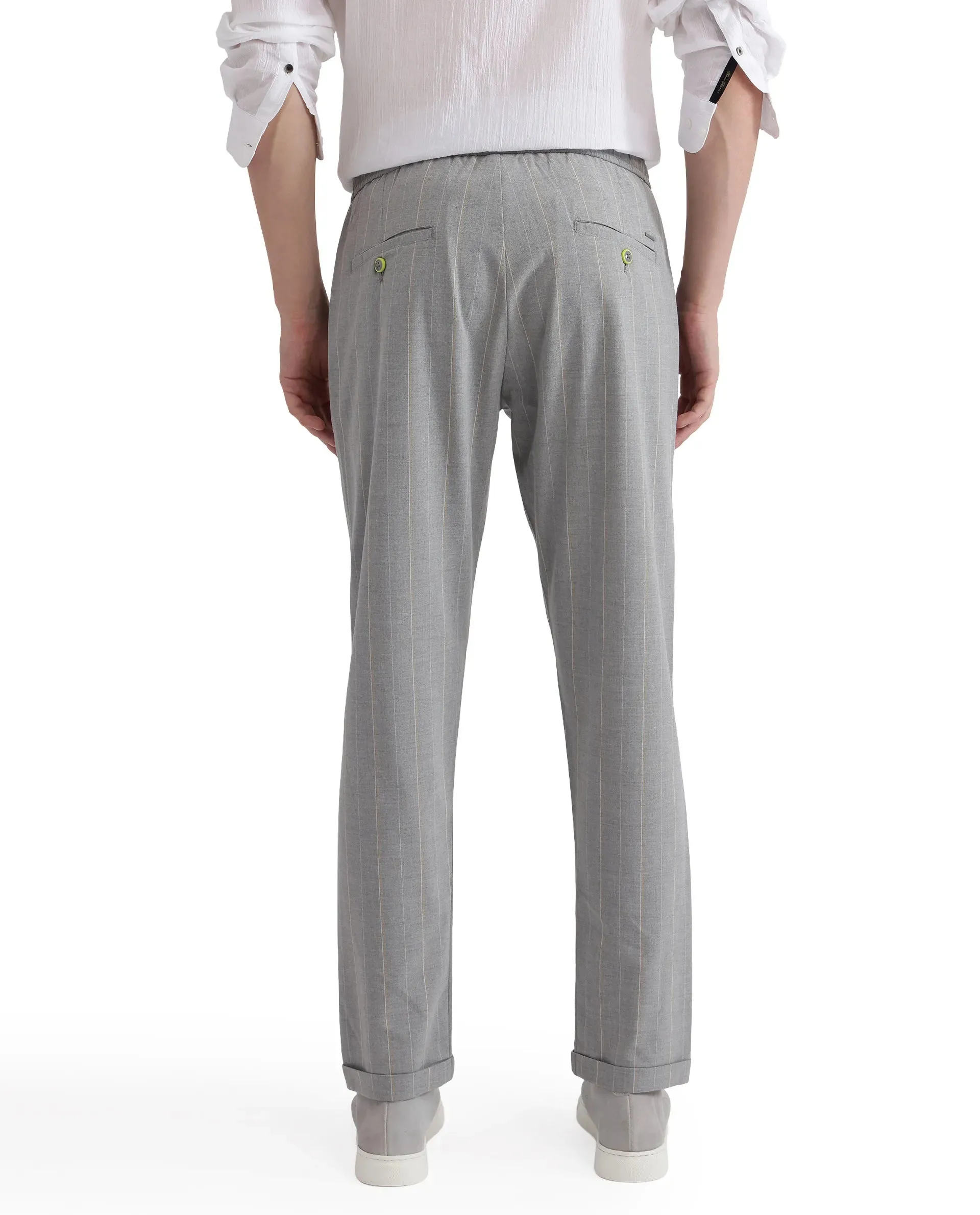 Rare Rabbit Men Evita Grey Cotton Blend Fabric Drawstring & Button Closure Regular Fit Striped Trouser