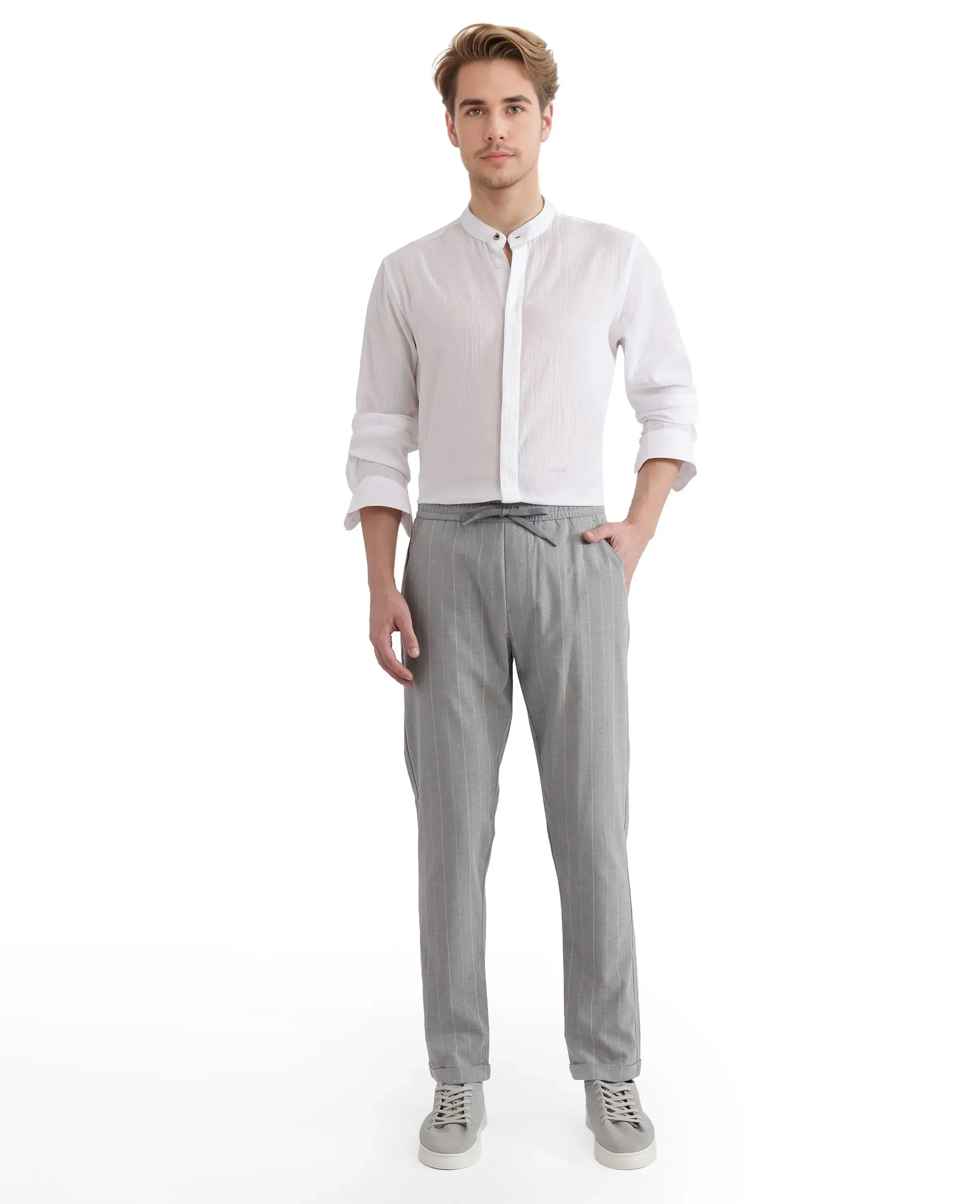 Rare Rabbit Men Evita Grey Cotton Blend Fabric Drawstring & Button Closure Regular Fit Striped Trouser