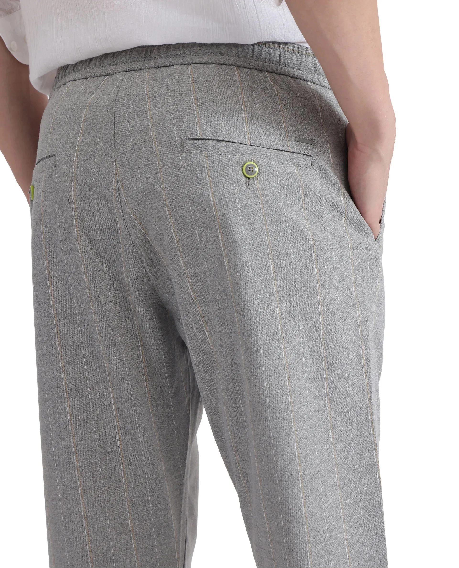 Rare Rabbit Men Evita Grey Cotton Blend Fabric Drawstring & Button Closure Regular Fit Striped Trouser