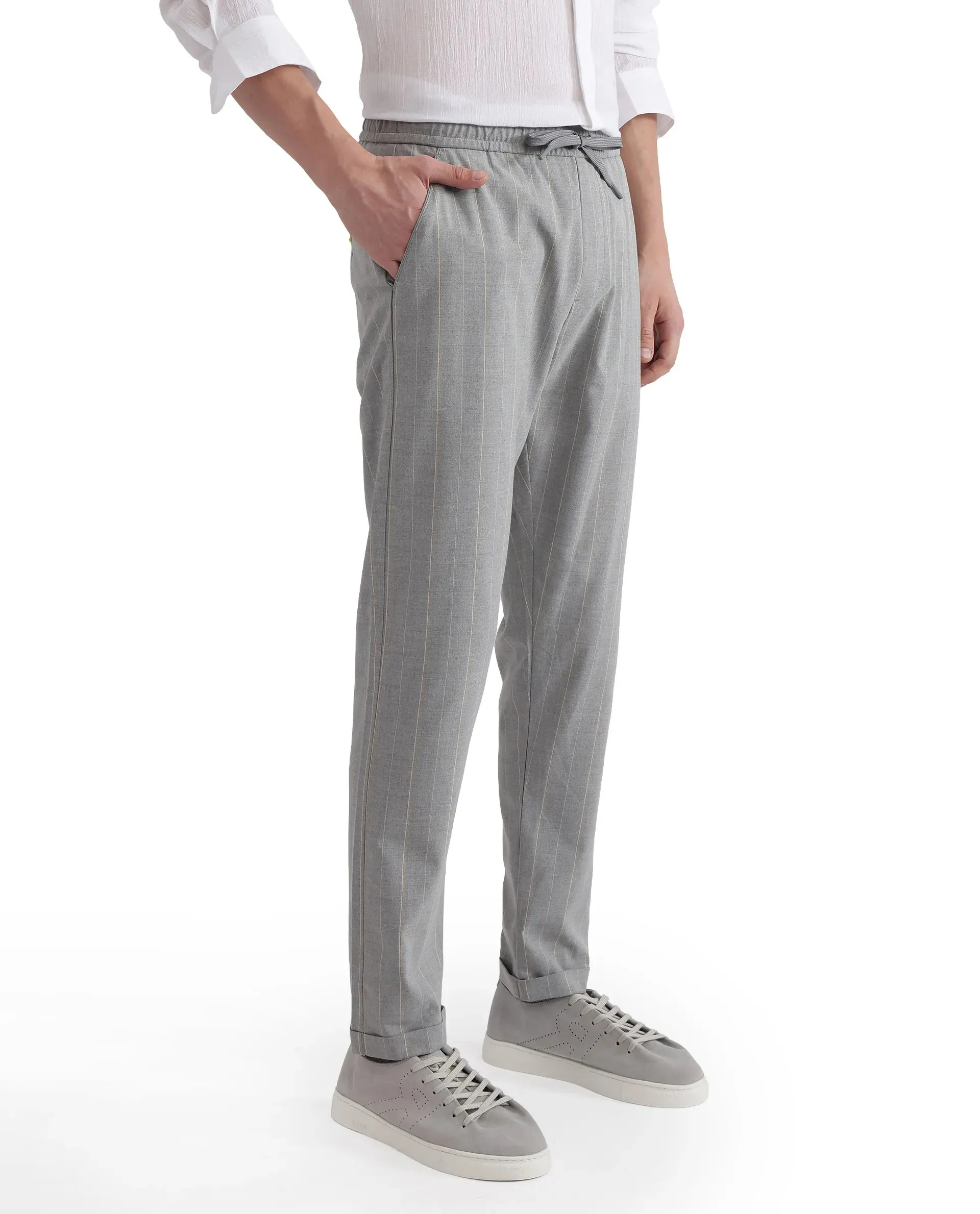 Rare Rabbit Men Evita Grey Cotton Blend Fabric Drawstring & Button Closure Regular Fit Striped Trouser