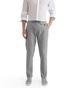 Rare Rabbit Men Evita Grey Cotton Blend Fabric Drawstring & Button Closure Regular Fit Striped Trouser