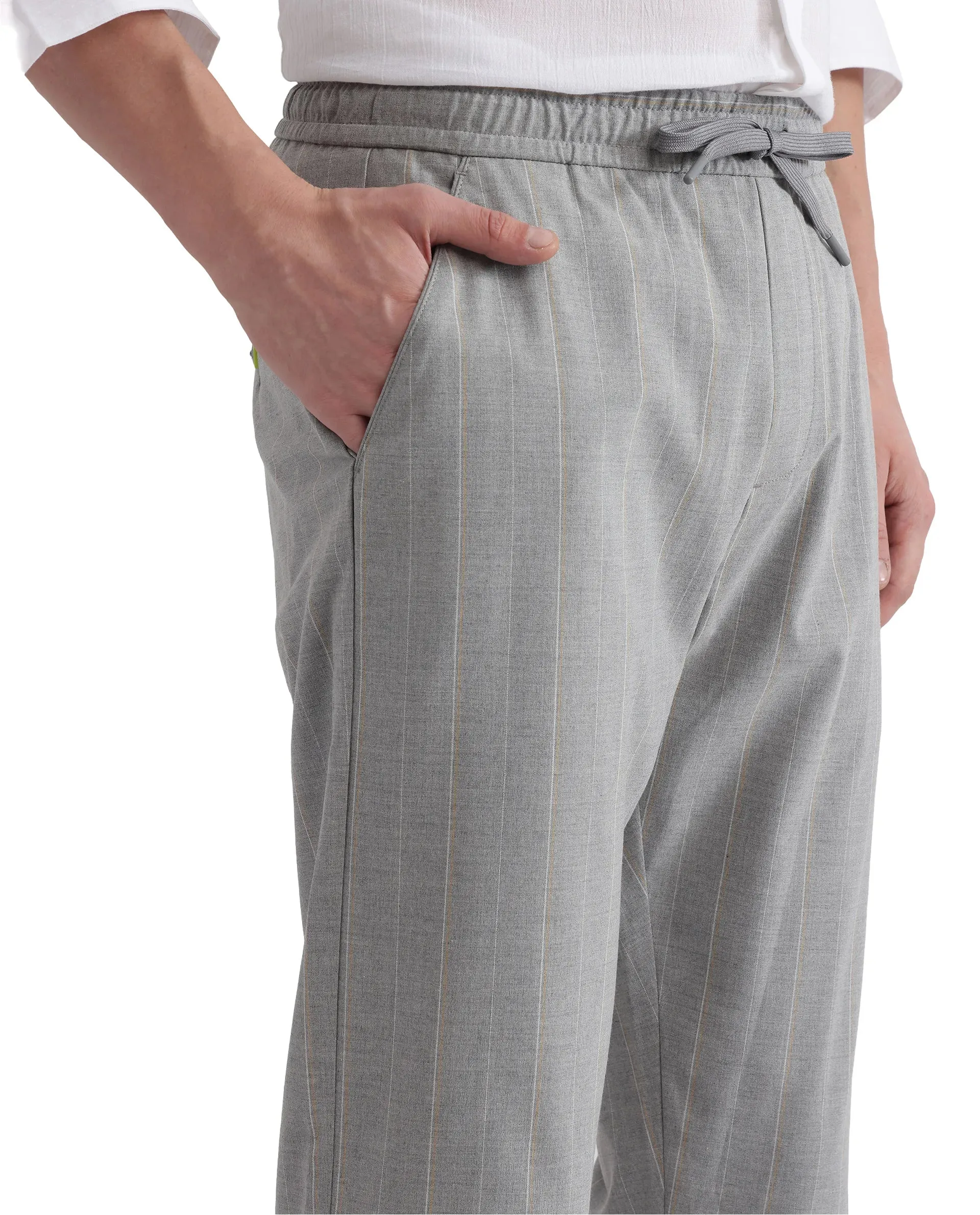 Rare Rabbit Men Evita Grey Cotton Blend Fabric Drawstring & Button Closure Regular Fit Striped Trouser