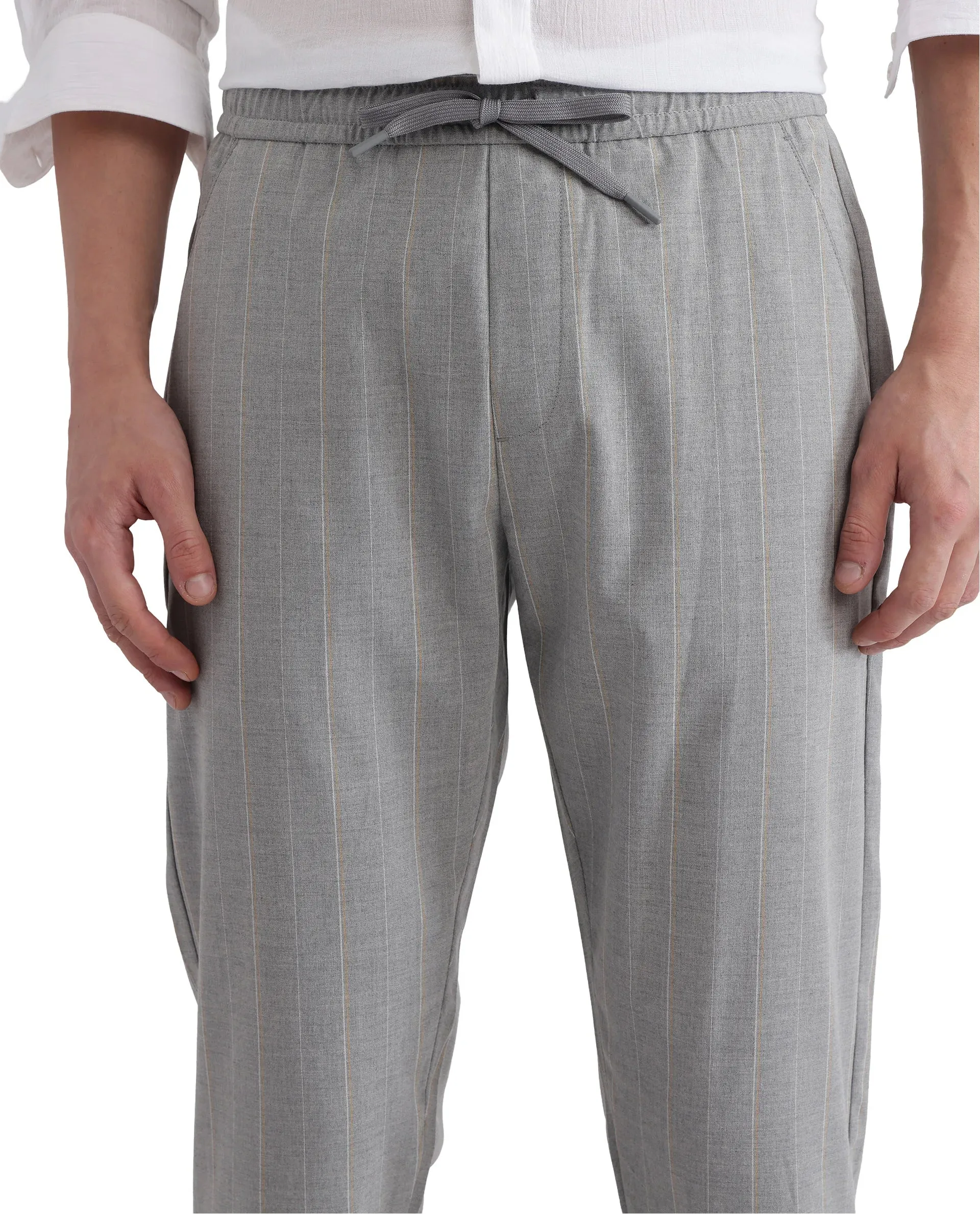 Rare Rabbit Men Evita Grey Cotton Blend Fabric Drawstring & Button Closure Regular Fit Striped Trouser
