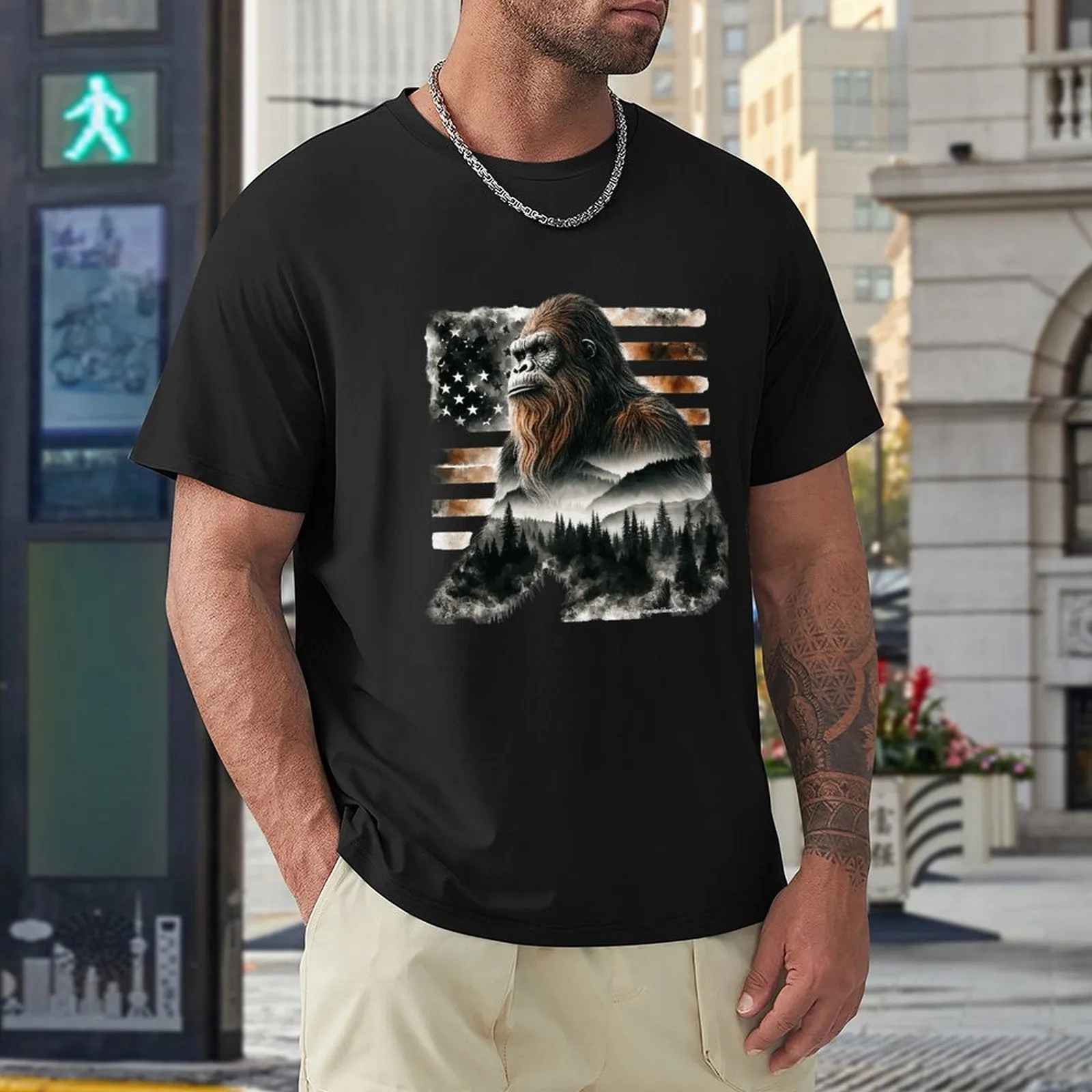 Sasquatch, Bigfoot w flag, Short Sleeve cotton T-shirt