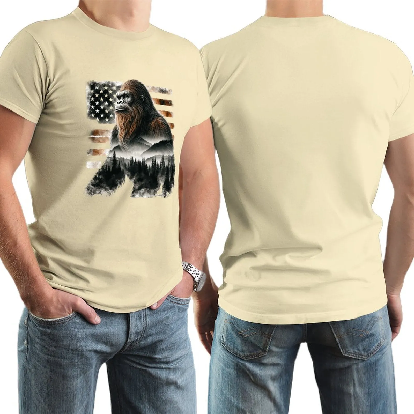 Sasquatch, Bigfoot w flag, Short Sleeve cotton T-shirt