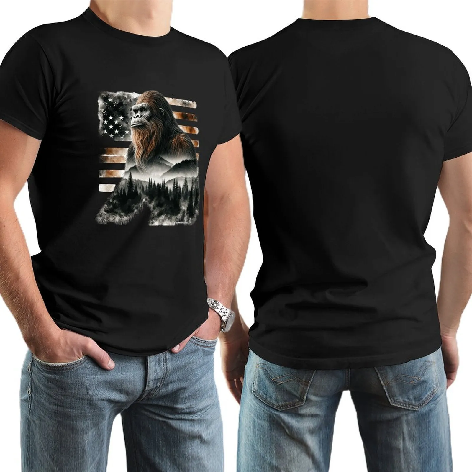 Sasquatch, Bigfoot w flag, Short Sleeve cotton T-shirt